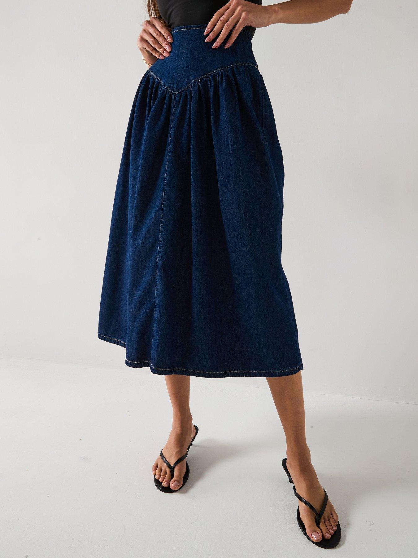undefined Waist Panel Rodeo Midi Skirt - Dark Wash
