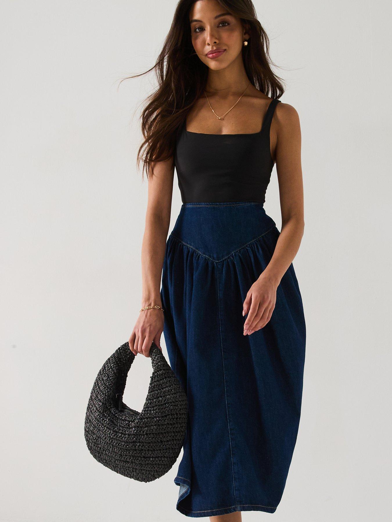 Image 5 of 6 of V by Very Waist Panel Rodeo Midi Skirt - Dark Wash