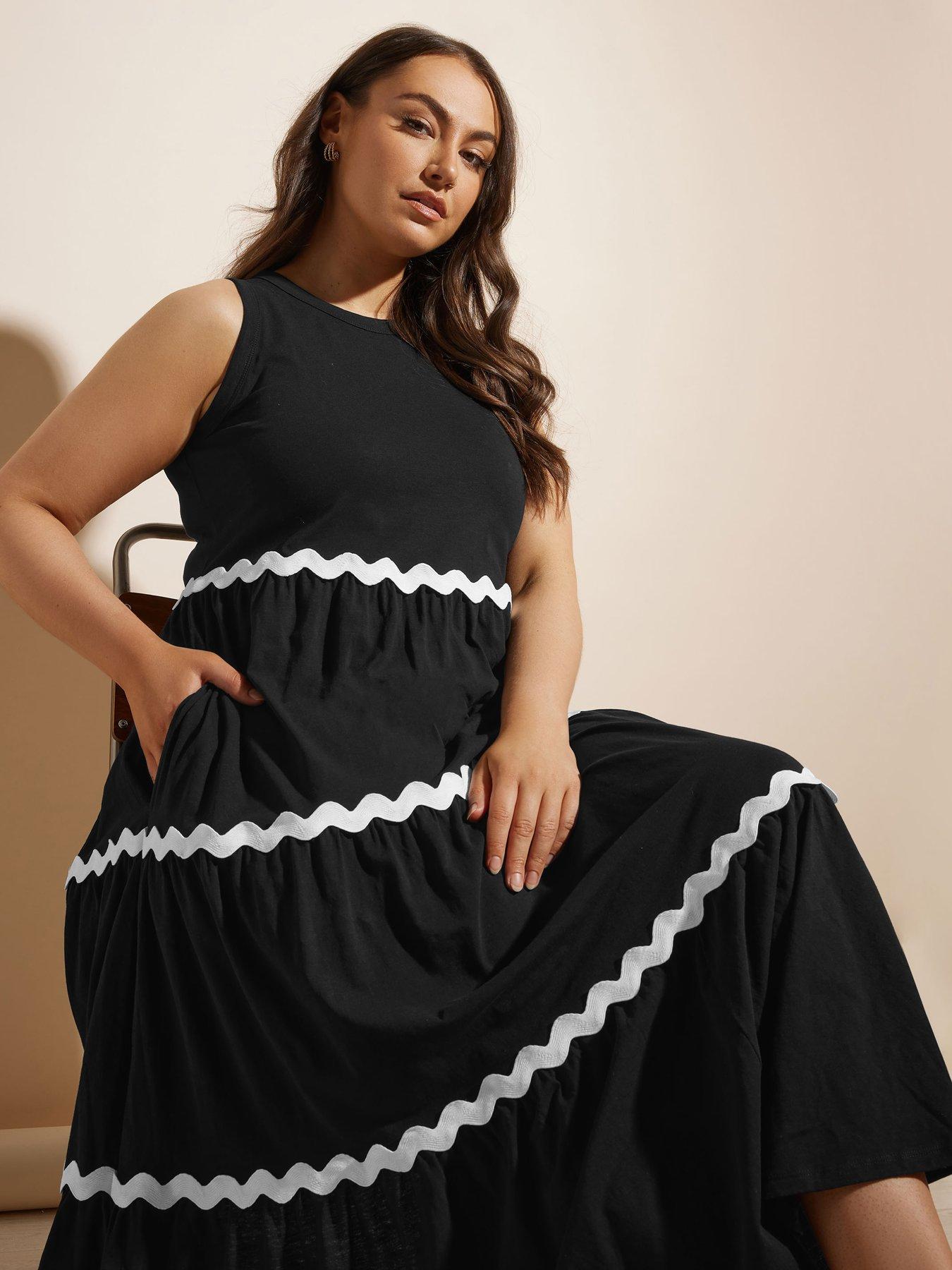 Image 4 of 4 of Yours Curve Contrast Trim Tiered Dress - Black