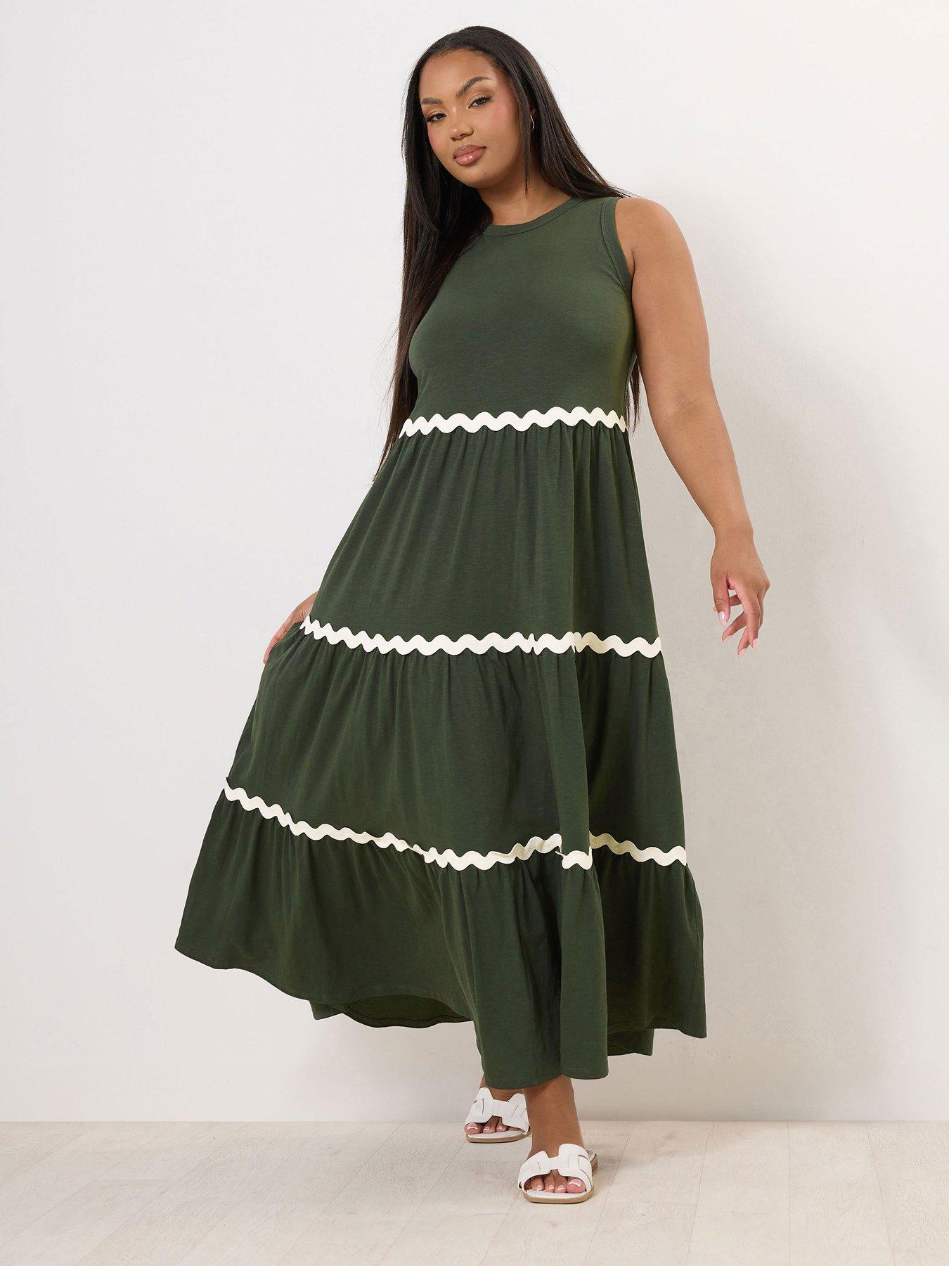 undefined Curve Contrast Trim Tiered Dress - Green
