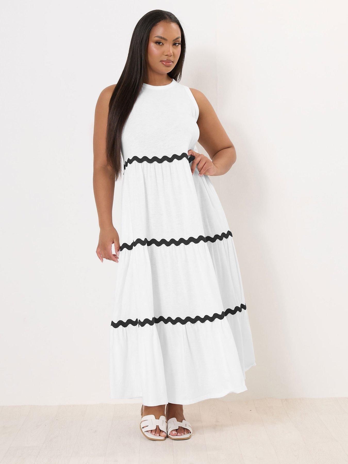 undefined Curve Contrast Trim Tiered Dress - White