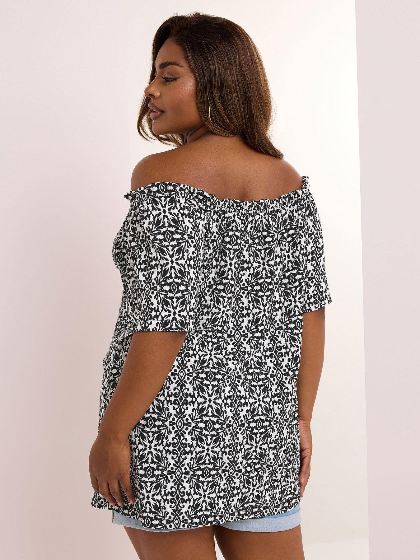 Image 2 of 4 of Yours Curve Frill Bardot Texture Top - Black