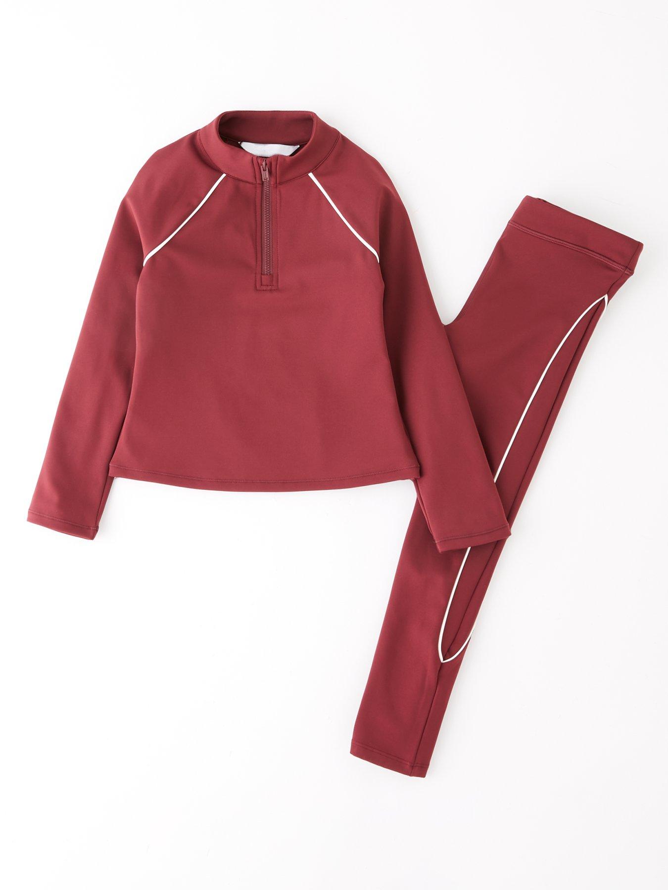 The Very Collection Girls Sportswear Half Zip Up Long Sleeve Top and Legging Set - Burgundy/Red