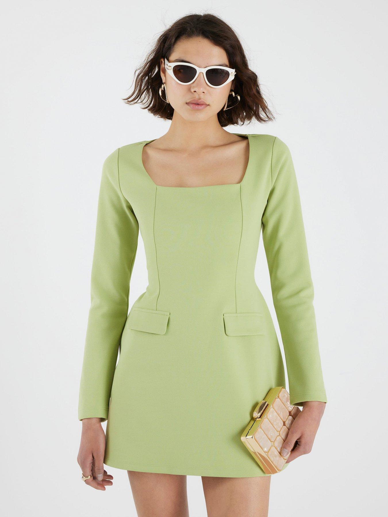 River Island: Square Neck Mini Dress - Green