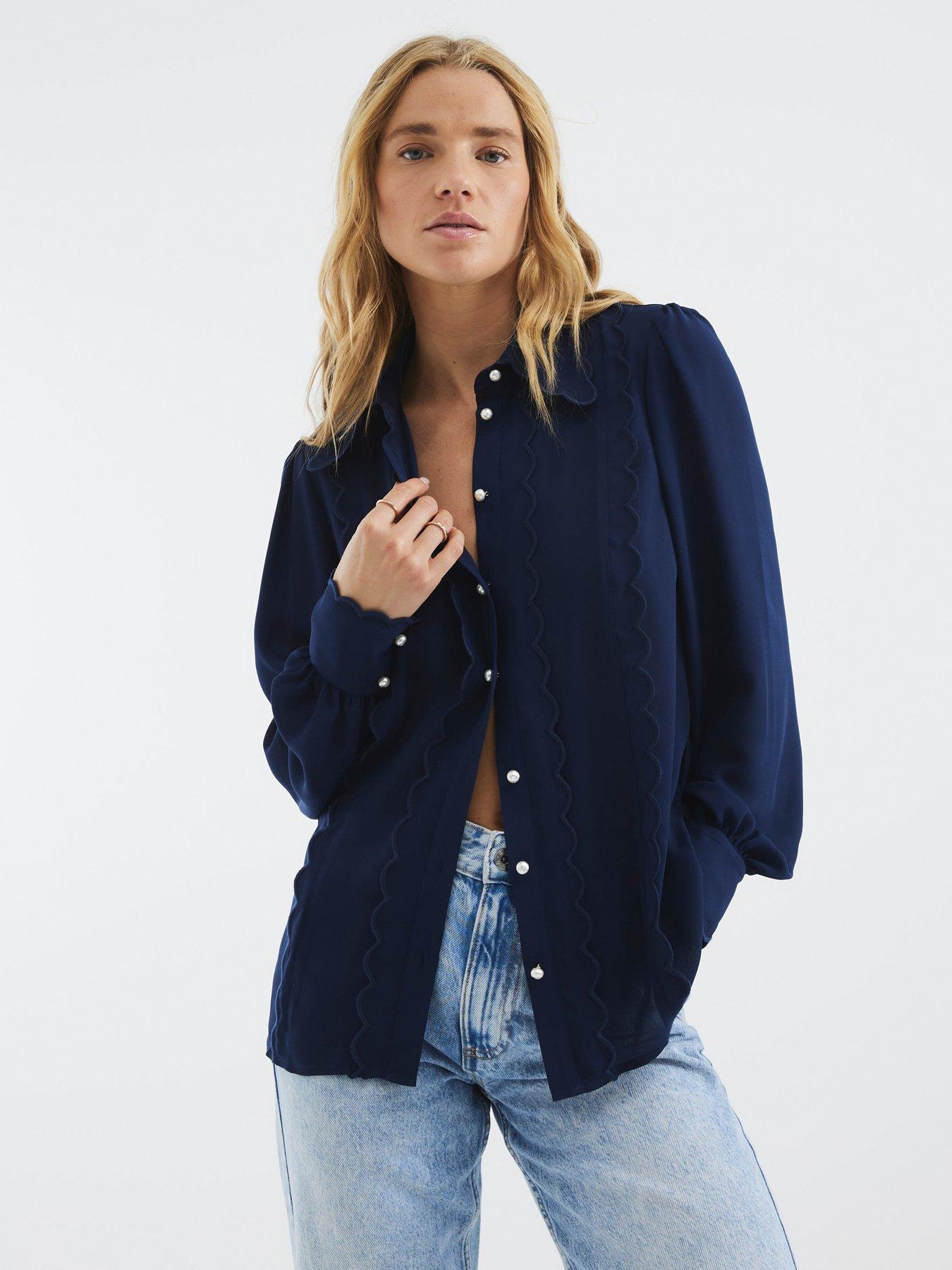 undefined Scallop Detail Chiffon Shirt - Navy