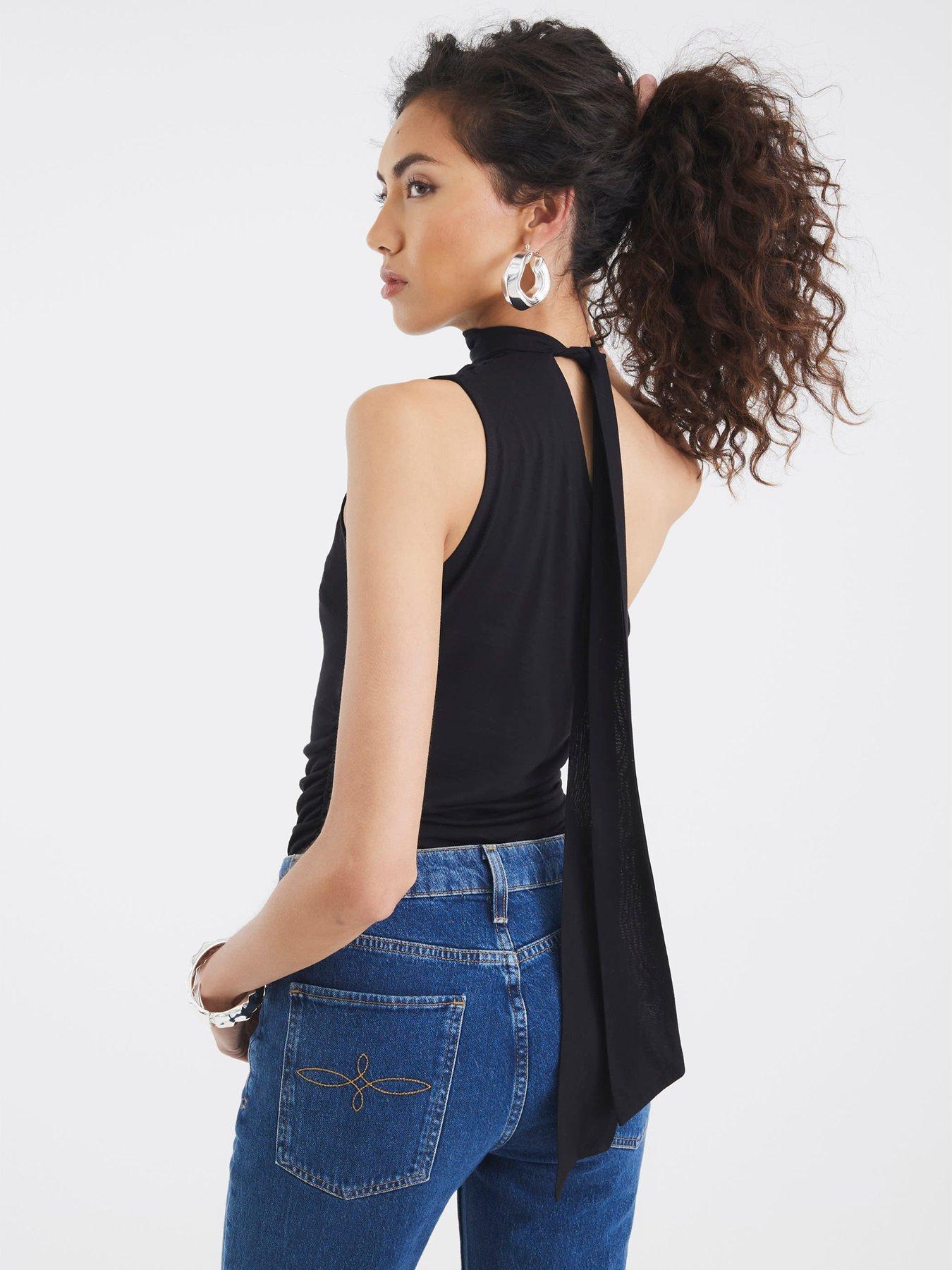 Image 2 of 4 of River Island Tie Asymmetric Ruched Top - Black