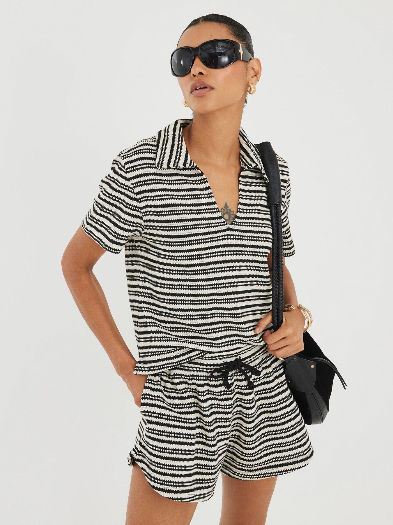 undefined Short Sleeve Stripe Polo Top - Cream