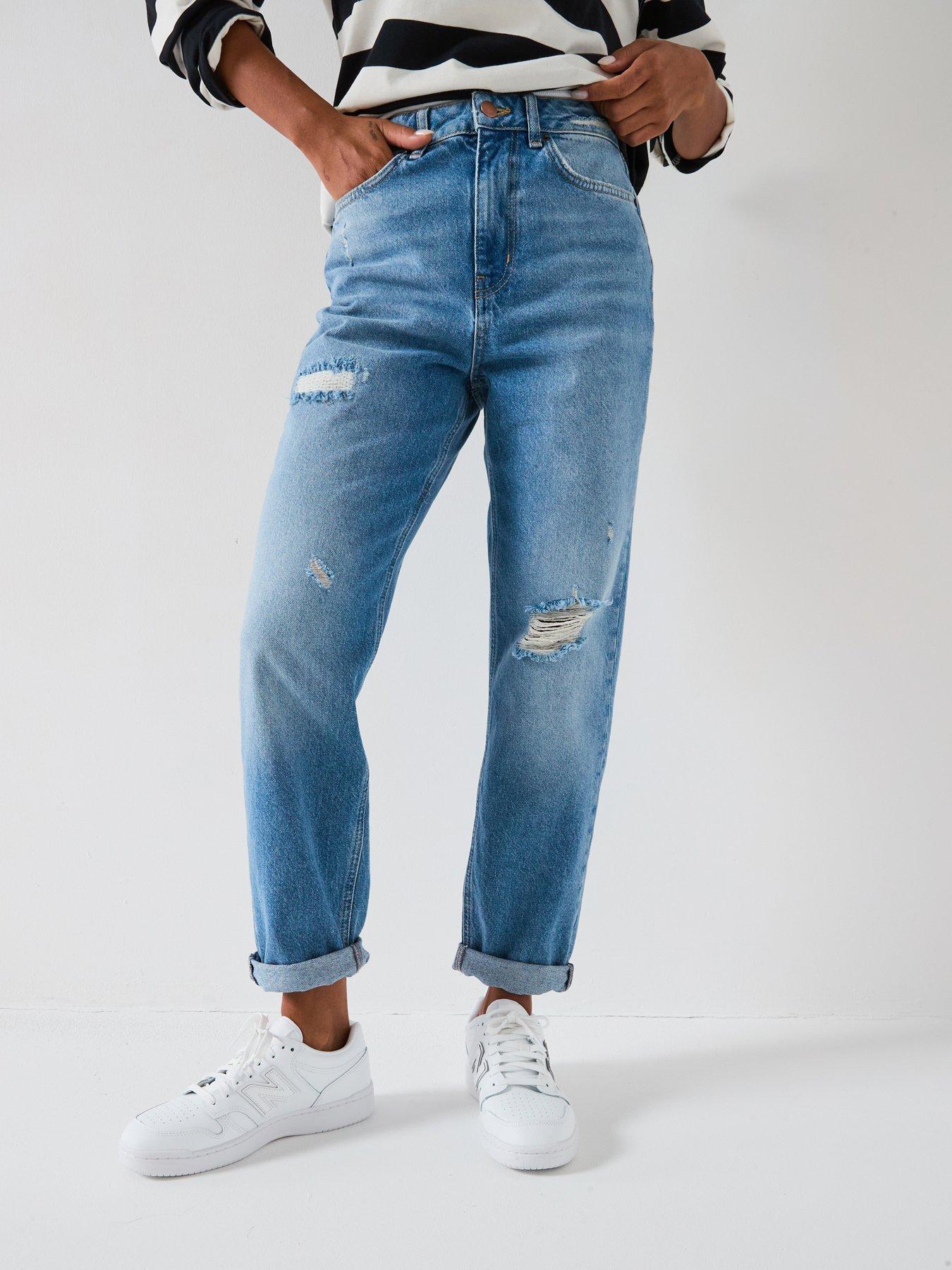 undefined High Waist Rip And Repair Mom  Jeans - Mid Wash