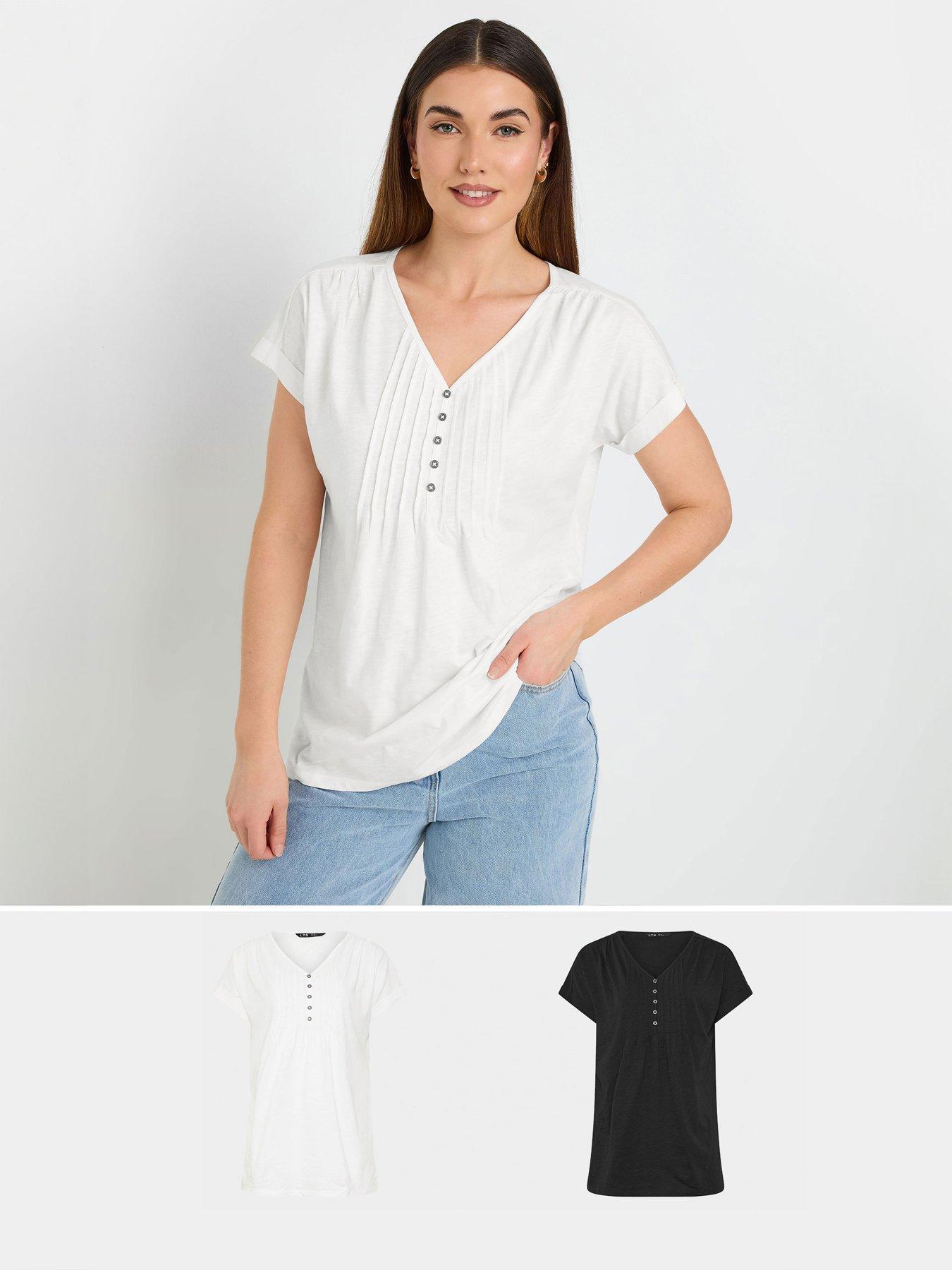undefined 2 Pack Short Sleeve Pintuck Henley Top - Black