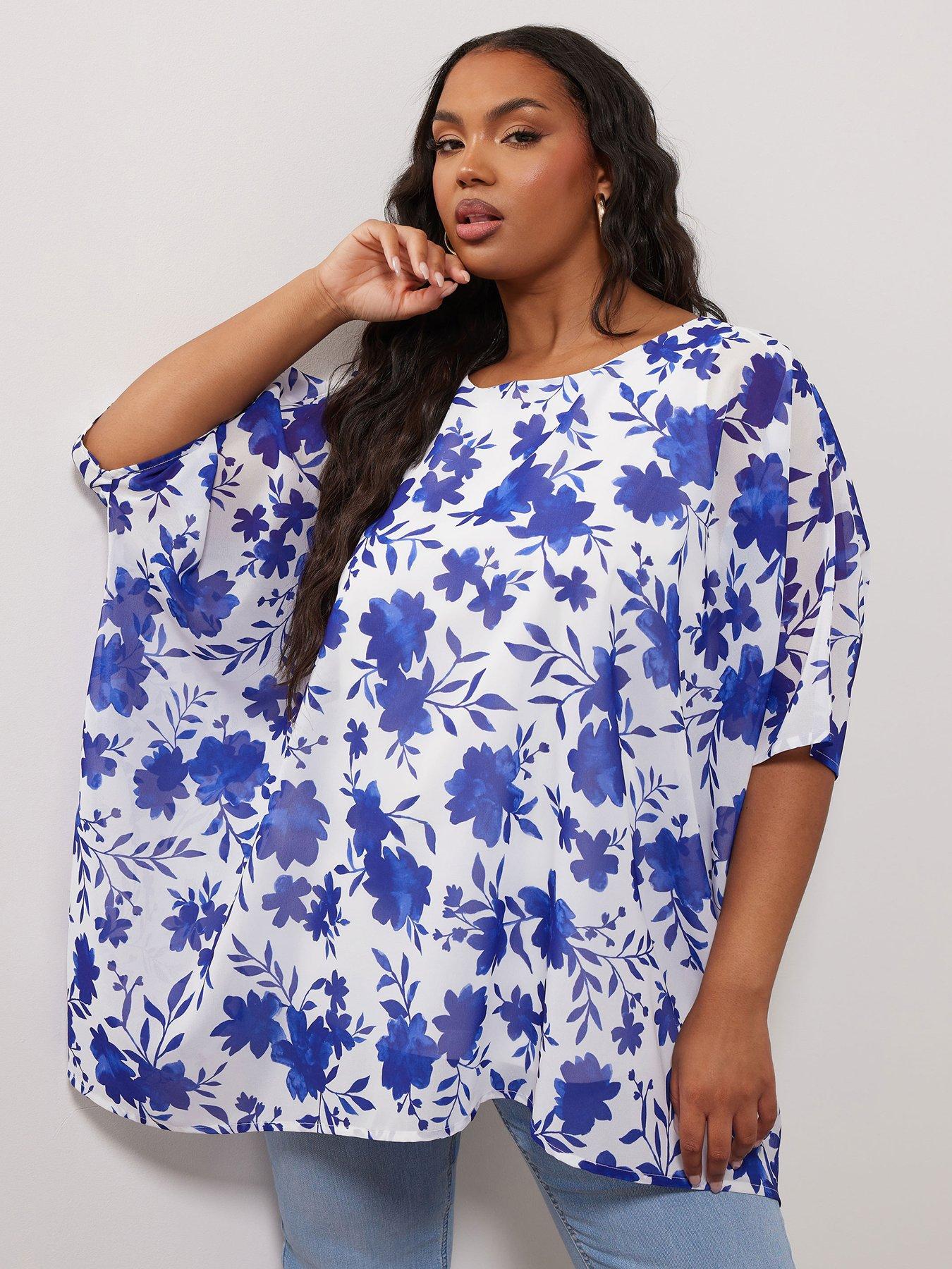 undefined Curve Floral Cape Top - Blue