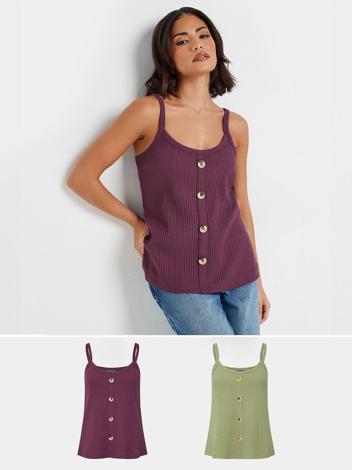 undefined Petite 2 Pack Button Front Rib Vest - Purple/Green