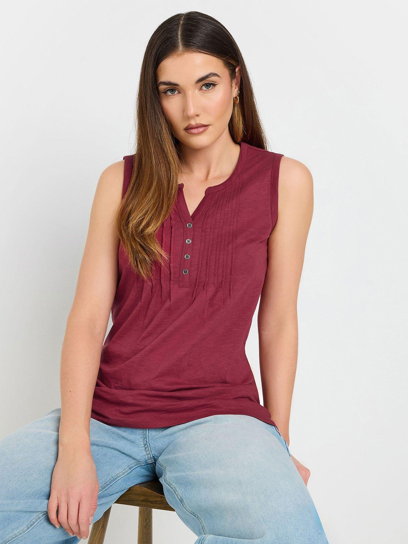 undefined Sleeveless Pintuck Henley Top - Red