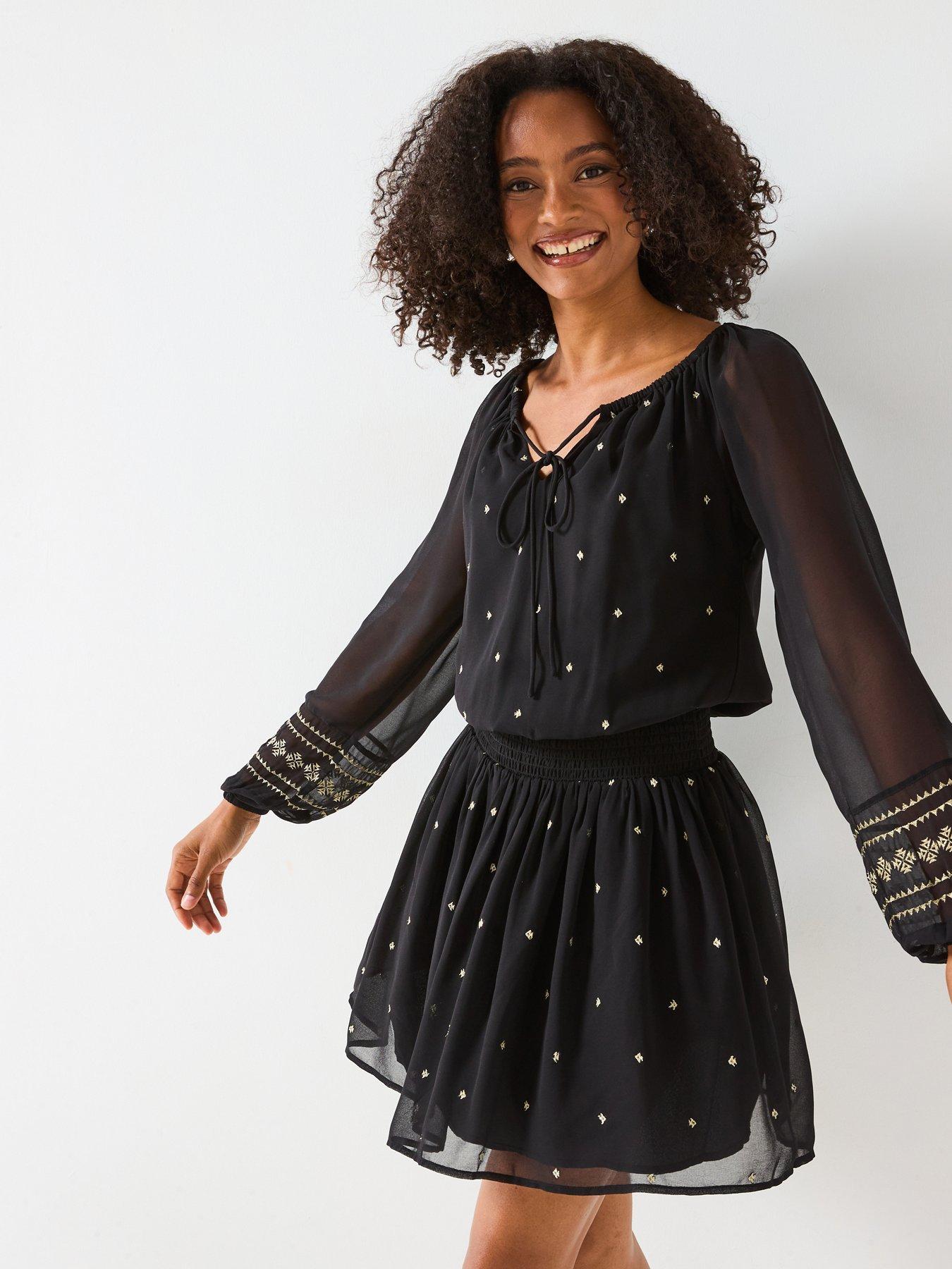 V by Very Shirred Waist Elasticated Neck Mini Dress - Black