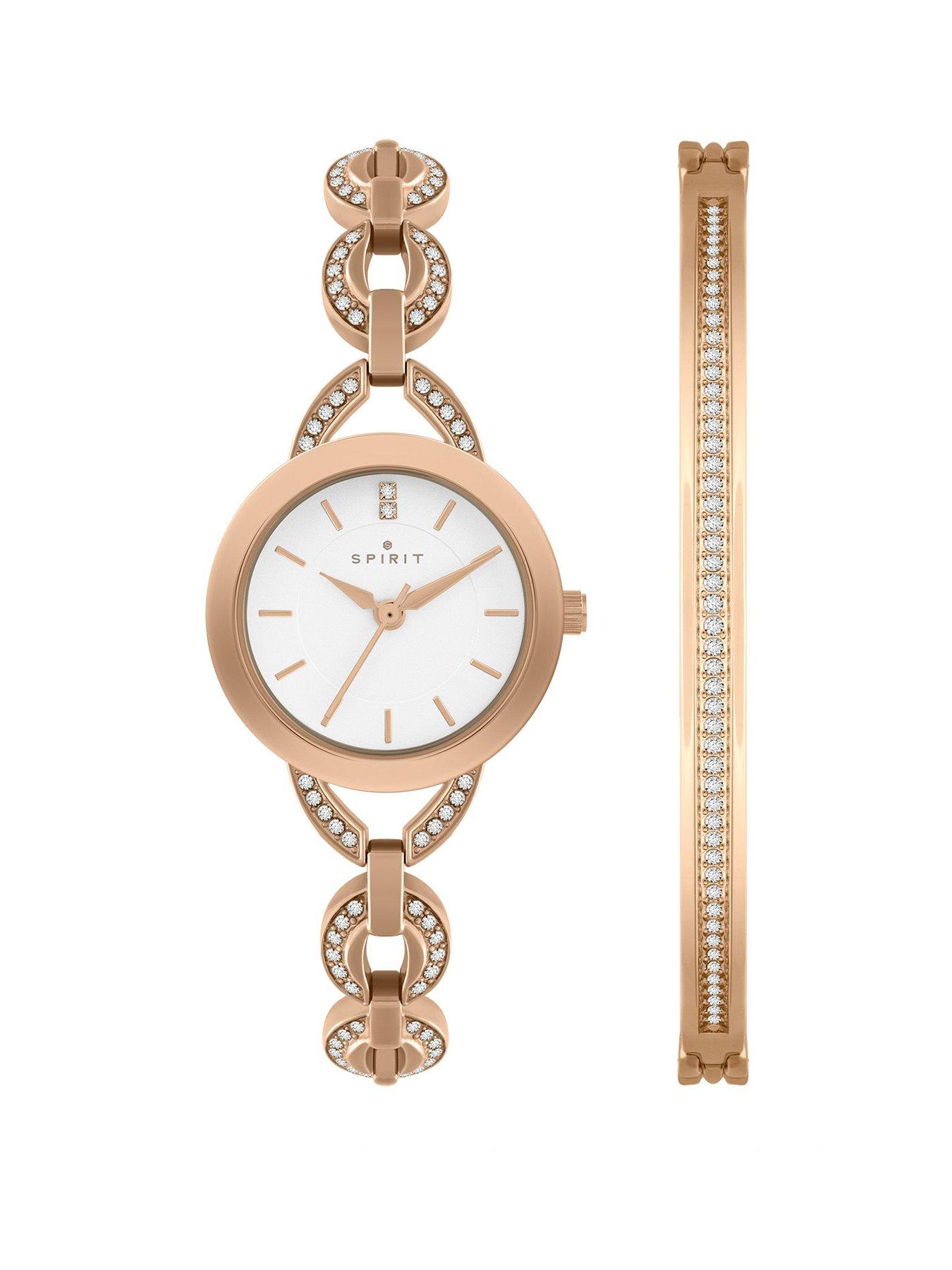 Spirit Ladies Polished Pale Rose Gold Link Bracelet Watch  &  Bangle Set