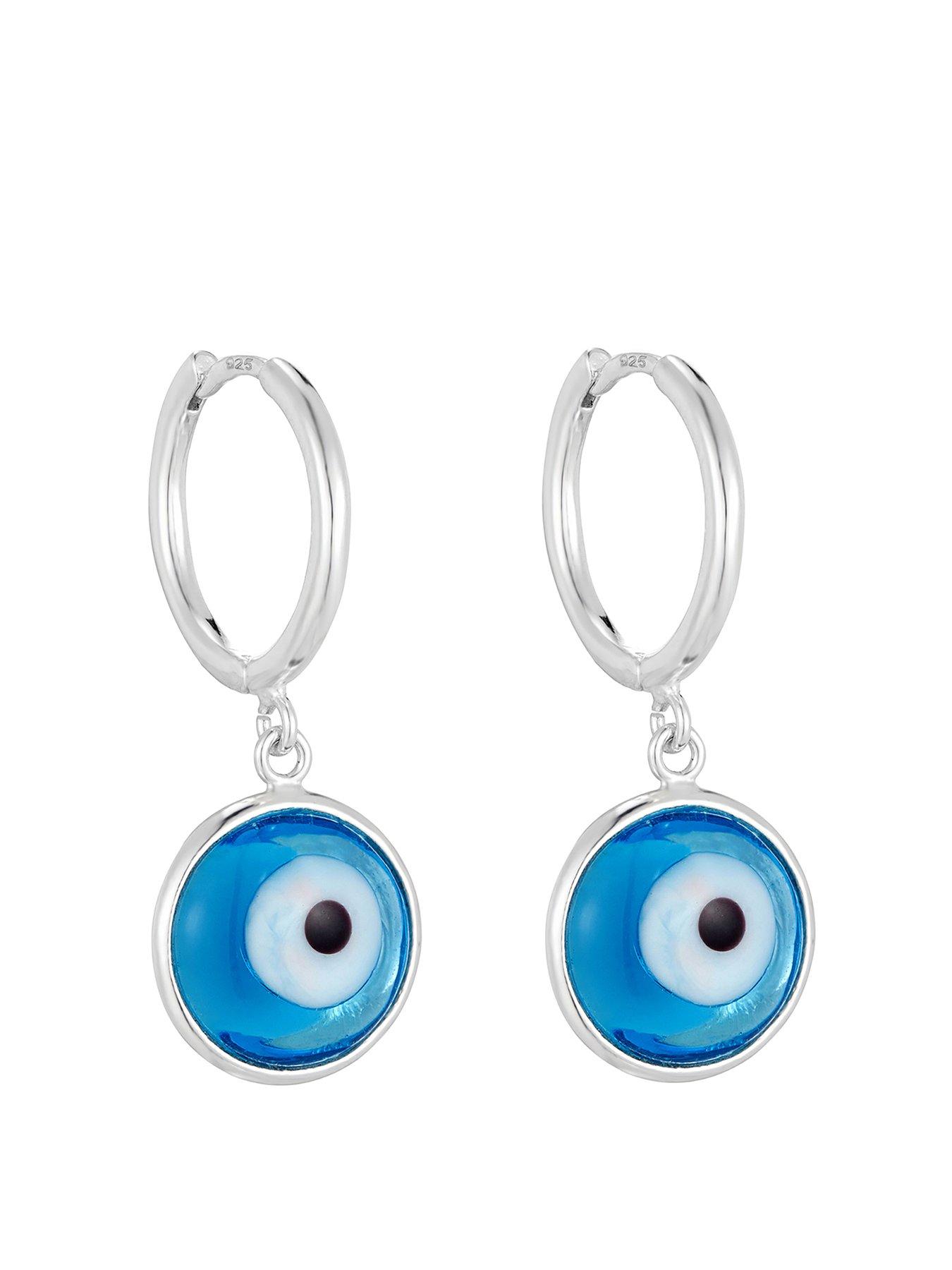 undefined Sterling Silver Evil Eye Glass Charm Hoops