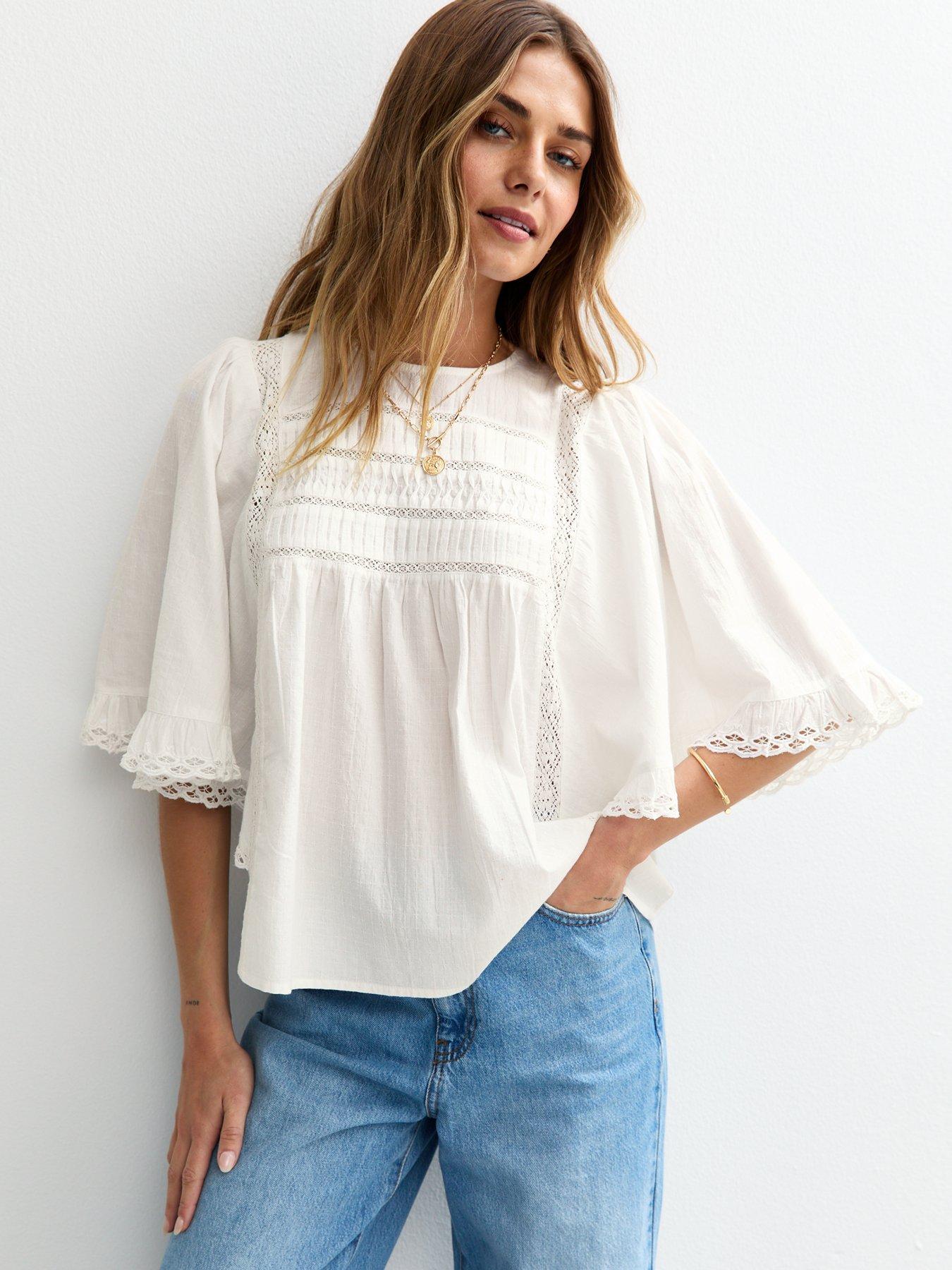 undefined Embroidered Trim Oversized Batwing Blouse - White