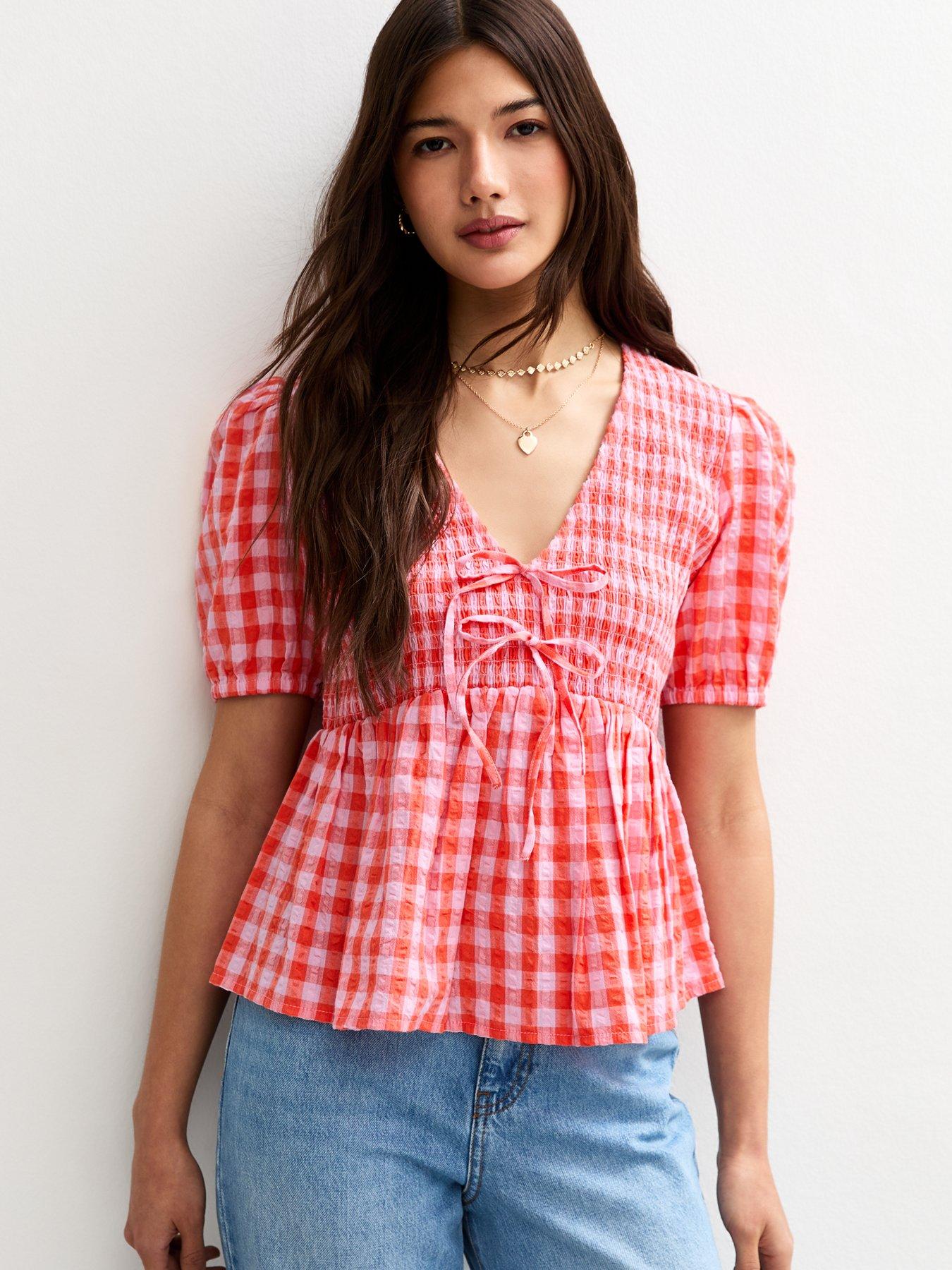 undefined Pattern Shirred Tie Top - Red