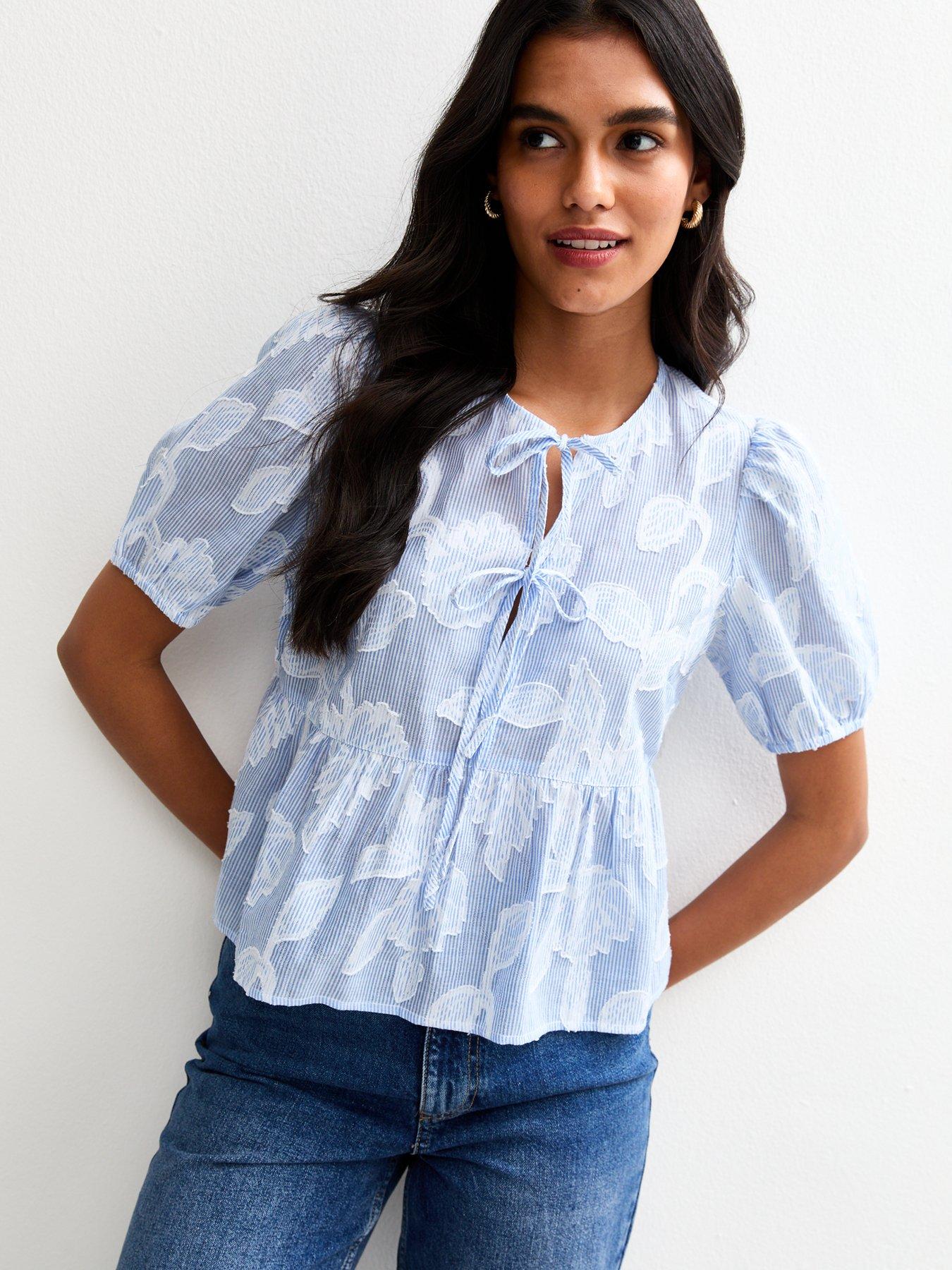 undefined Stripe Jacquard Tie Front Top - Blue