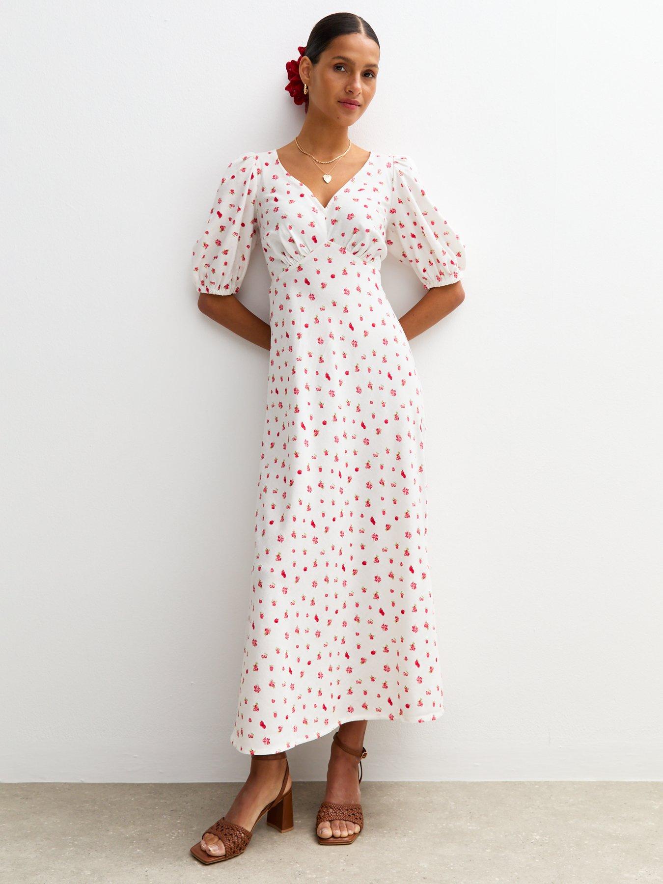 undefined Berry Print Tie Back Midi Dress - White
