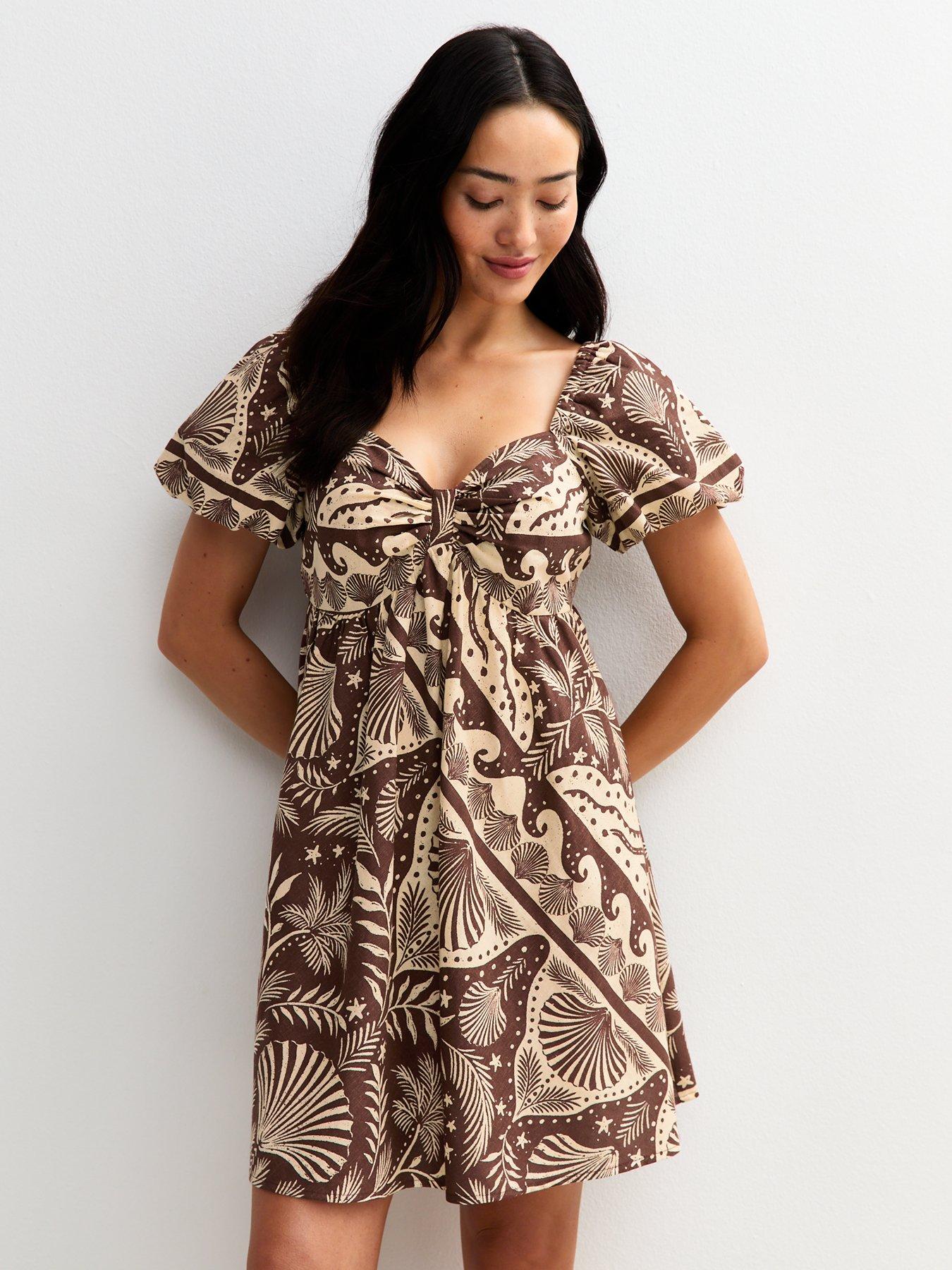 undefined Shell Print Puff Sleeve Mini Dress - Brown