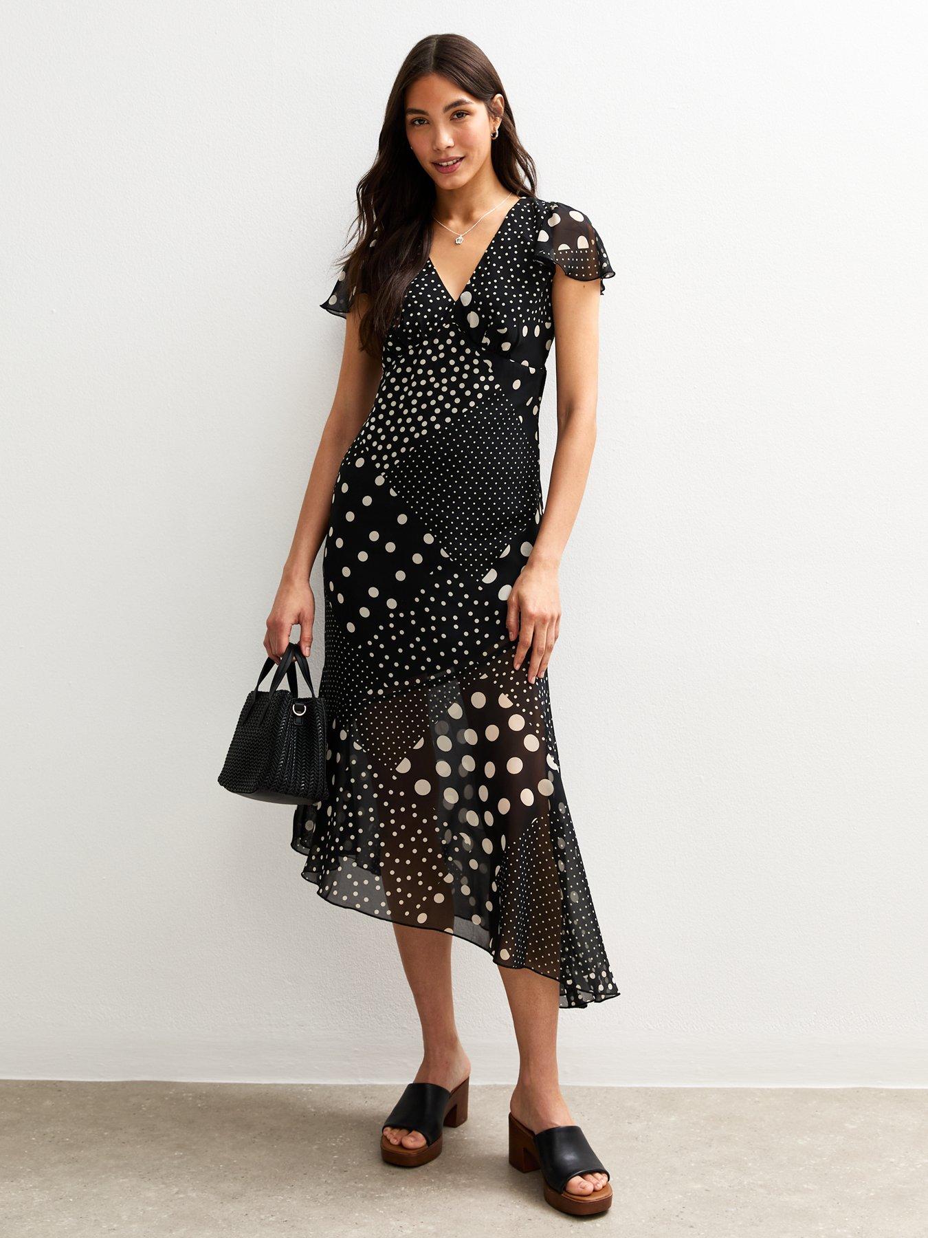 undefined Black Spot Print V-neck Midi Dress