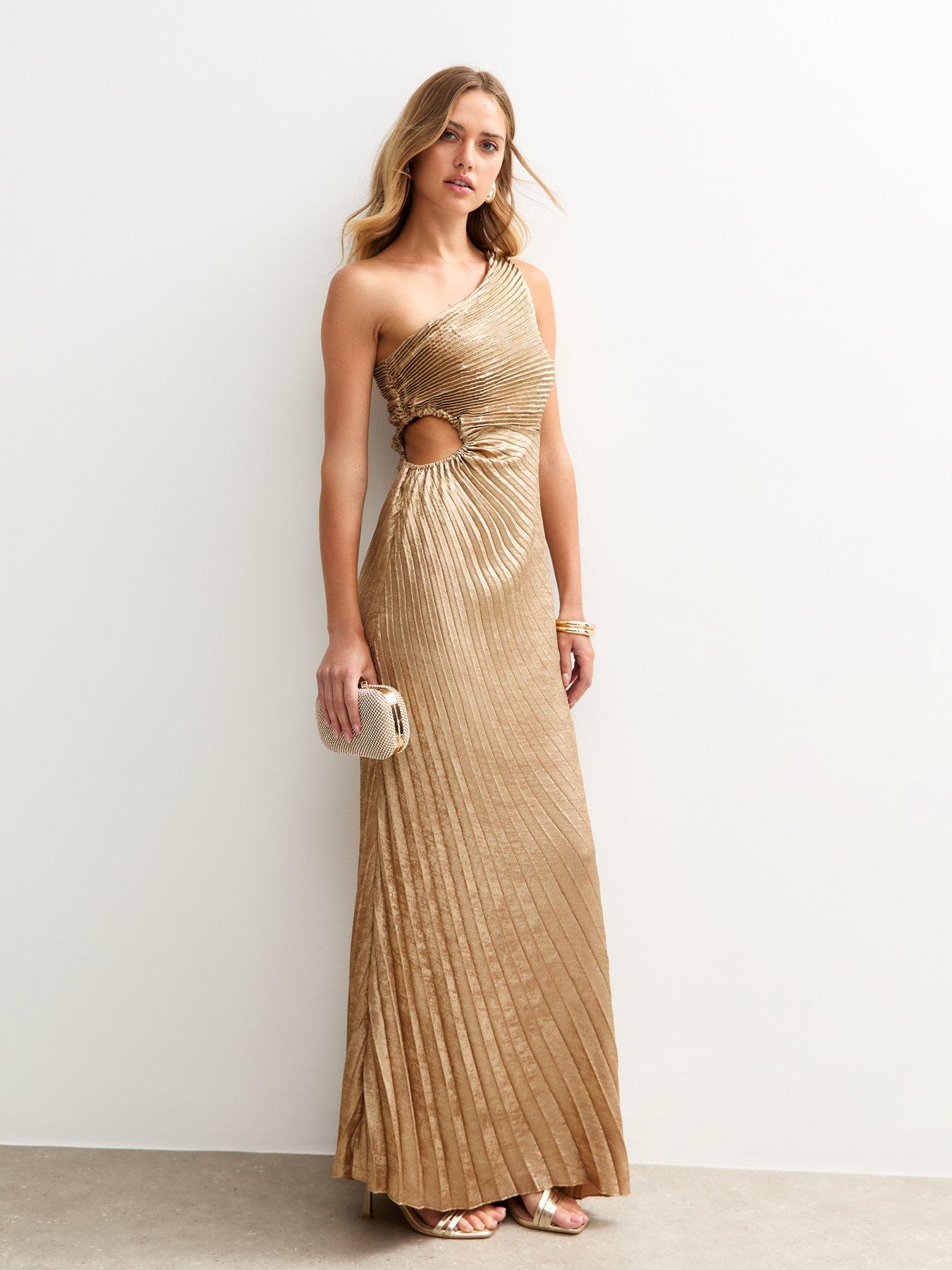 undefined Gold Metallic Satin Pleated Maxi Dress