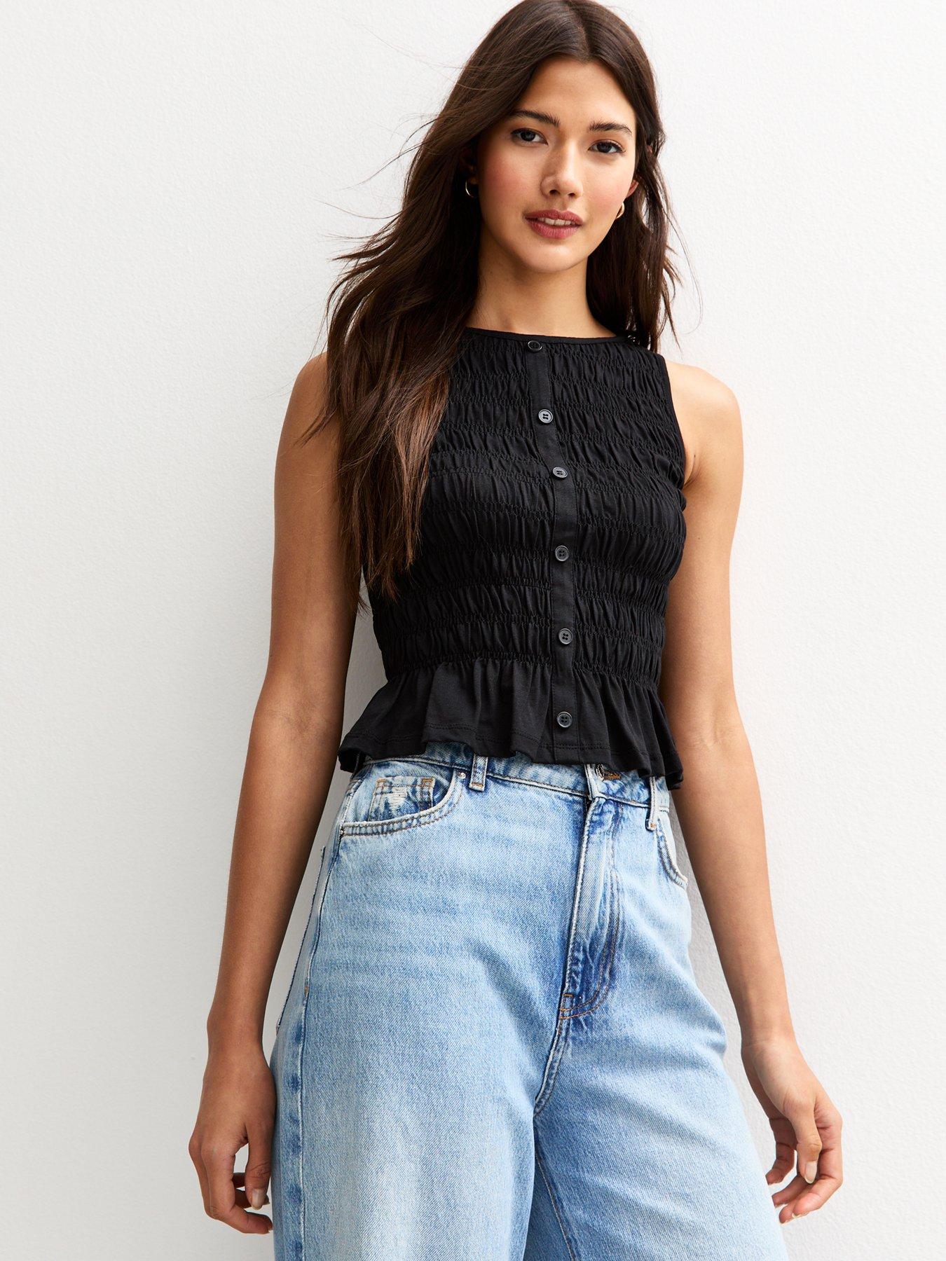 undefined Shirred Button Detail Sleeveless Top - Black