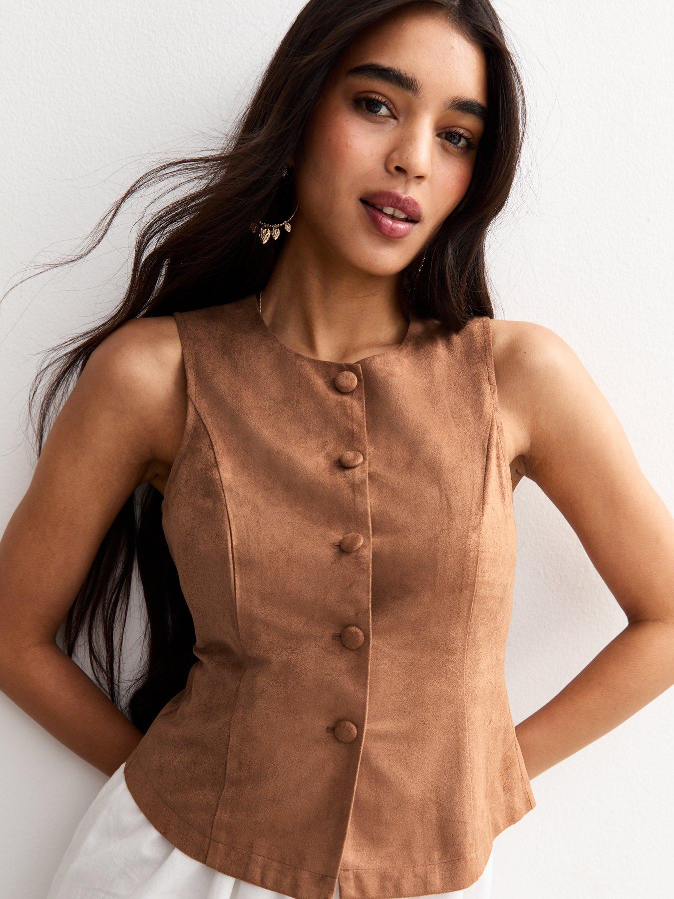 undefined Rust Faux Suede Buttoned Waistcoat - Brown