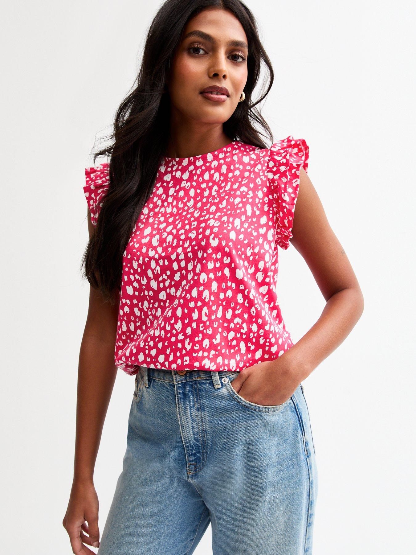 undefined Abstract Print Frill Sleeve Top - Pink