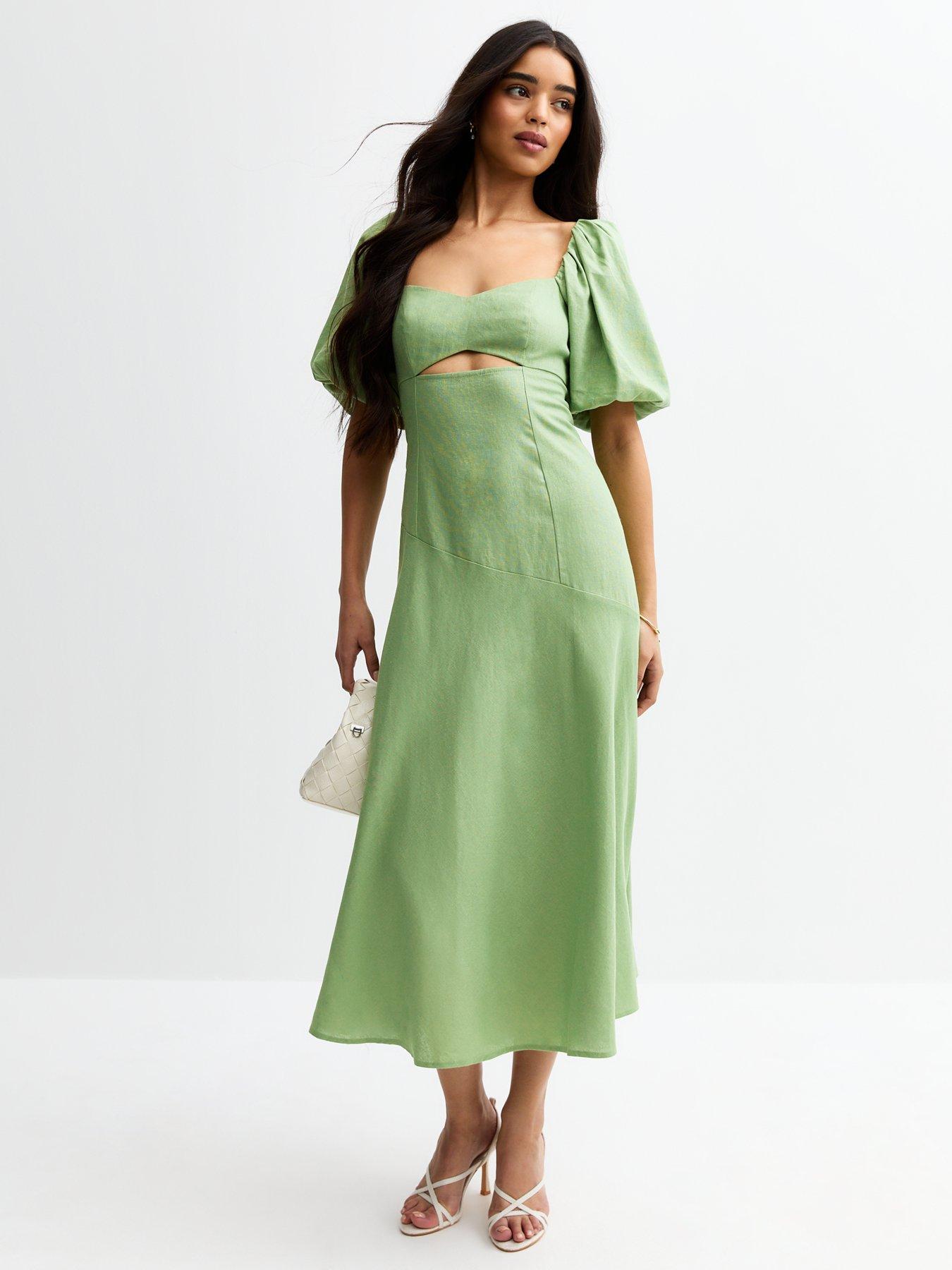 undefined Linen Blend Puff Sleeve Midi Dress - Light Green