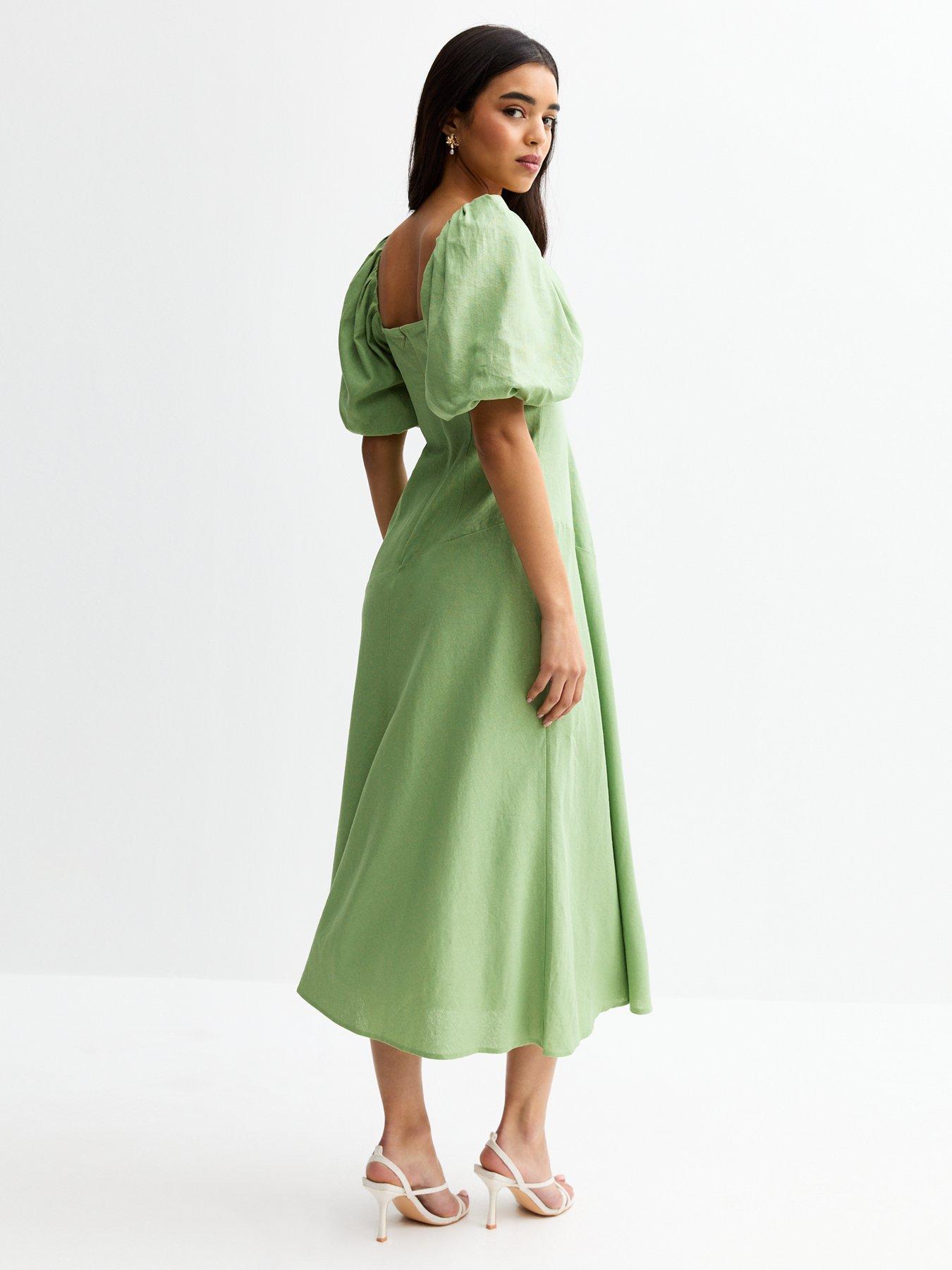 New Look Linen Blend Puff Sleeve Midi Dress - Light Green | Very