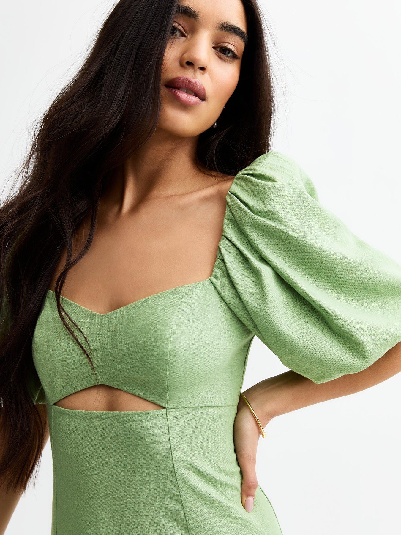 New Look Linen Blend Puff Sleeve Midi Dress - Light Green | Very