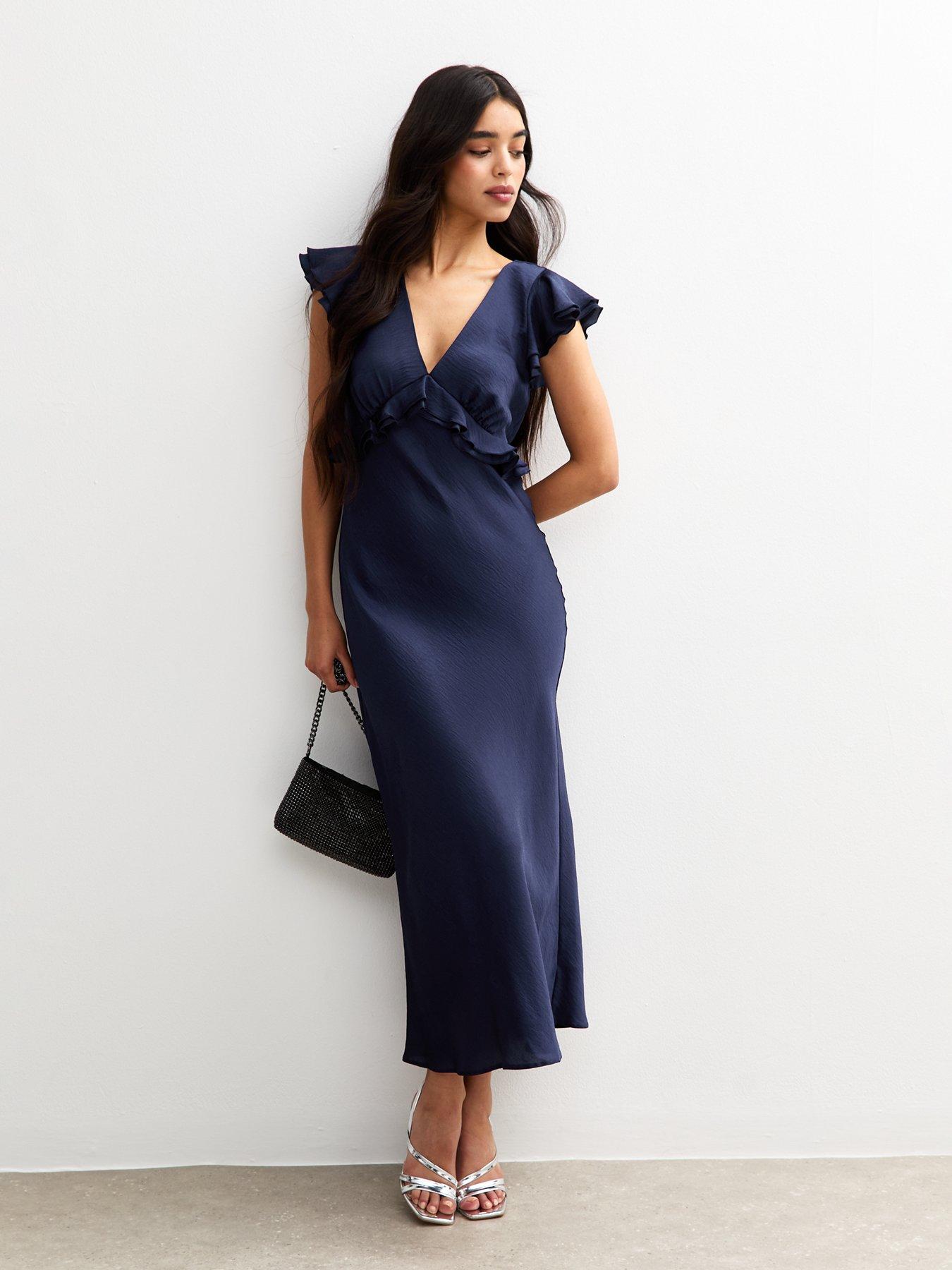 New Look Navy Ruffled Satin V-Neck Midi Dress Blue Very