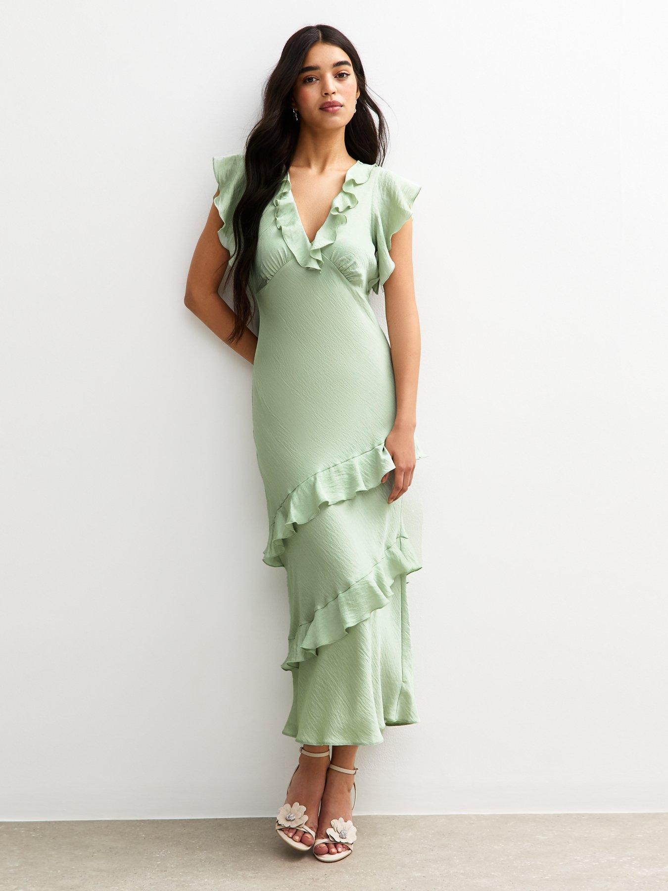 undefined Satin Ruffled Midi Dress - Green