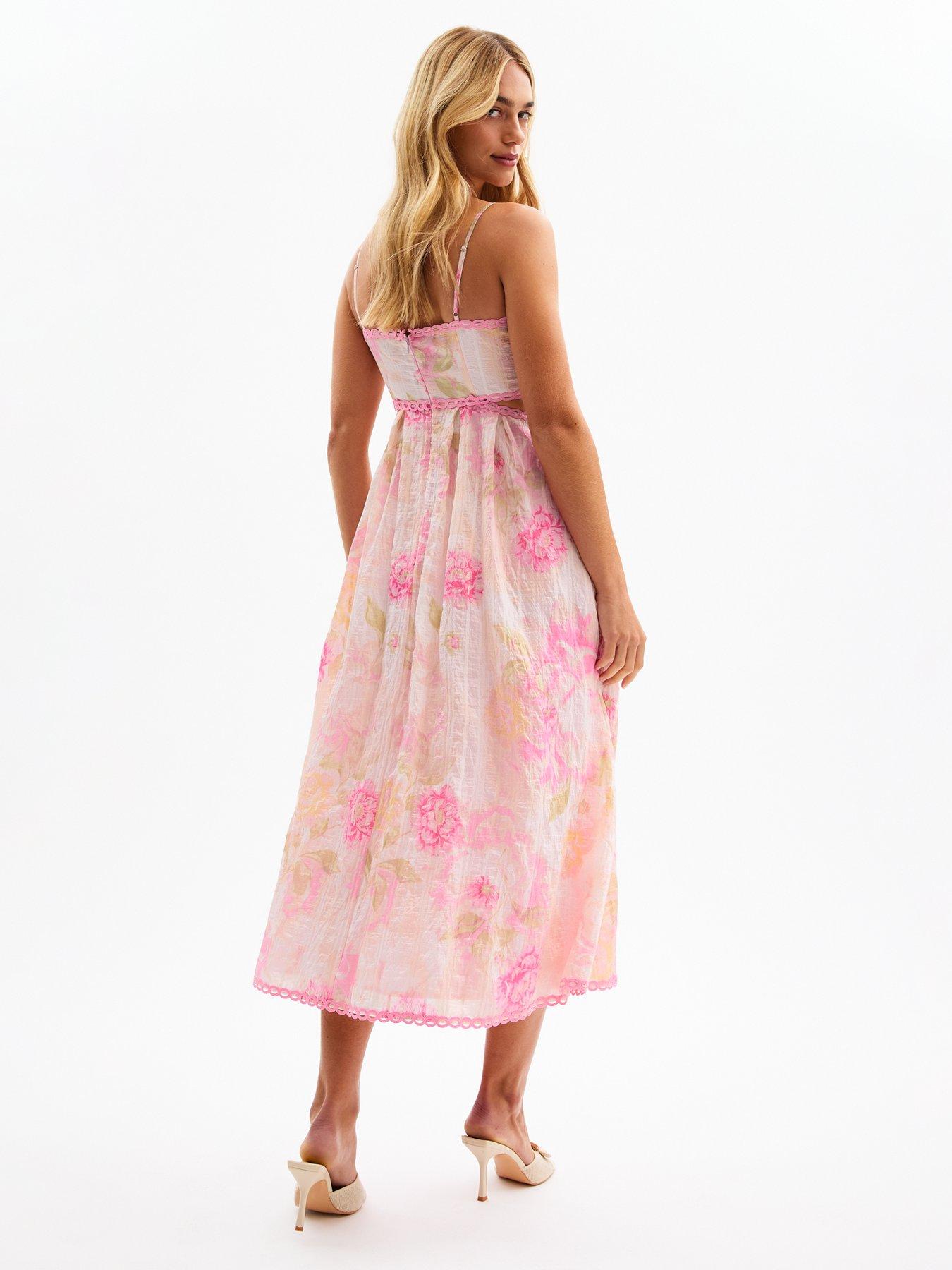New Look Floral Print Textured Stripe Cut Out Maxi Dress Pink Very