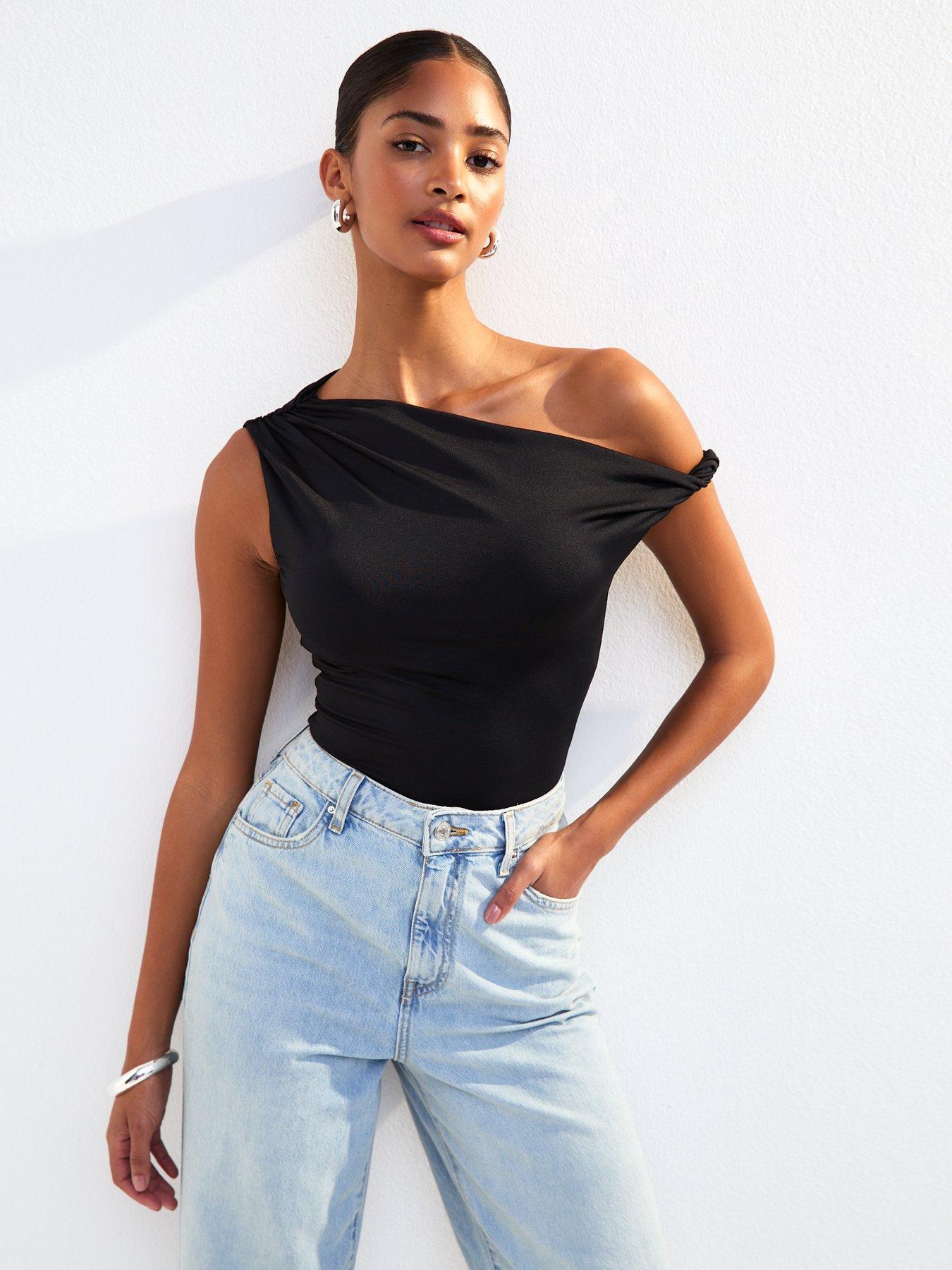 undefined Black Twist Fallen Shoulder Bodysuit