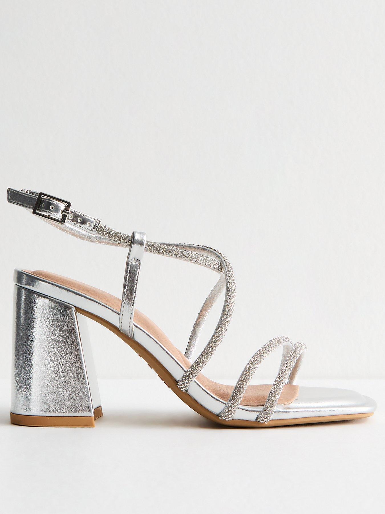 Image 1 of 6 of New Look Wide Fit Silver Diamante Embellished Block Heel Sandals