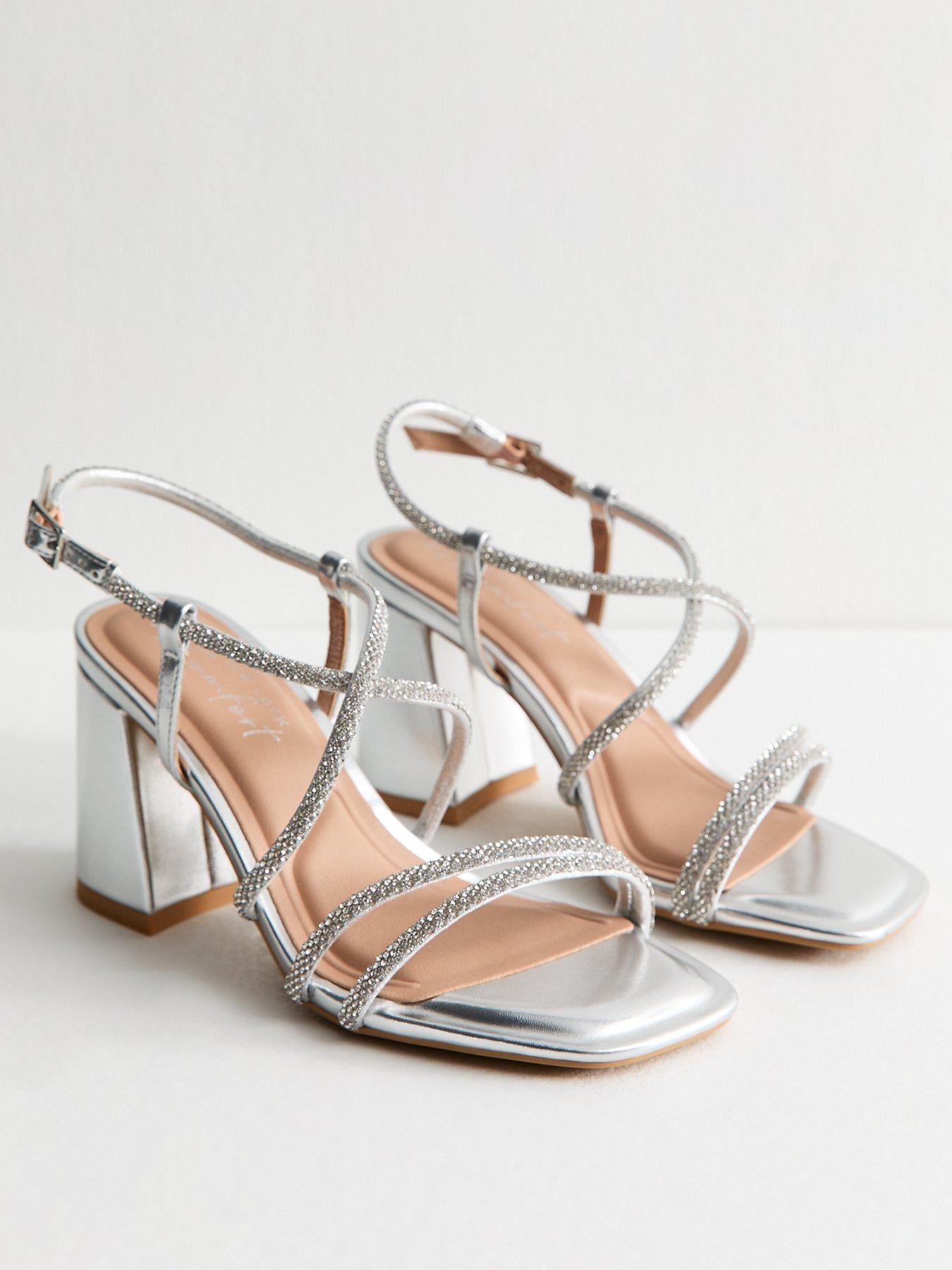Image 2 of 6 of New Look Wide Fit Silver Diamante Embellished Block Heel Sandals