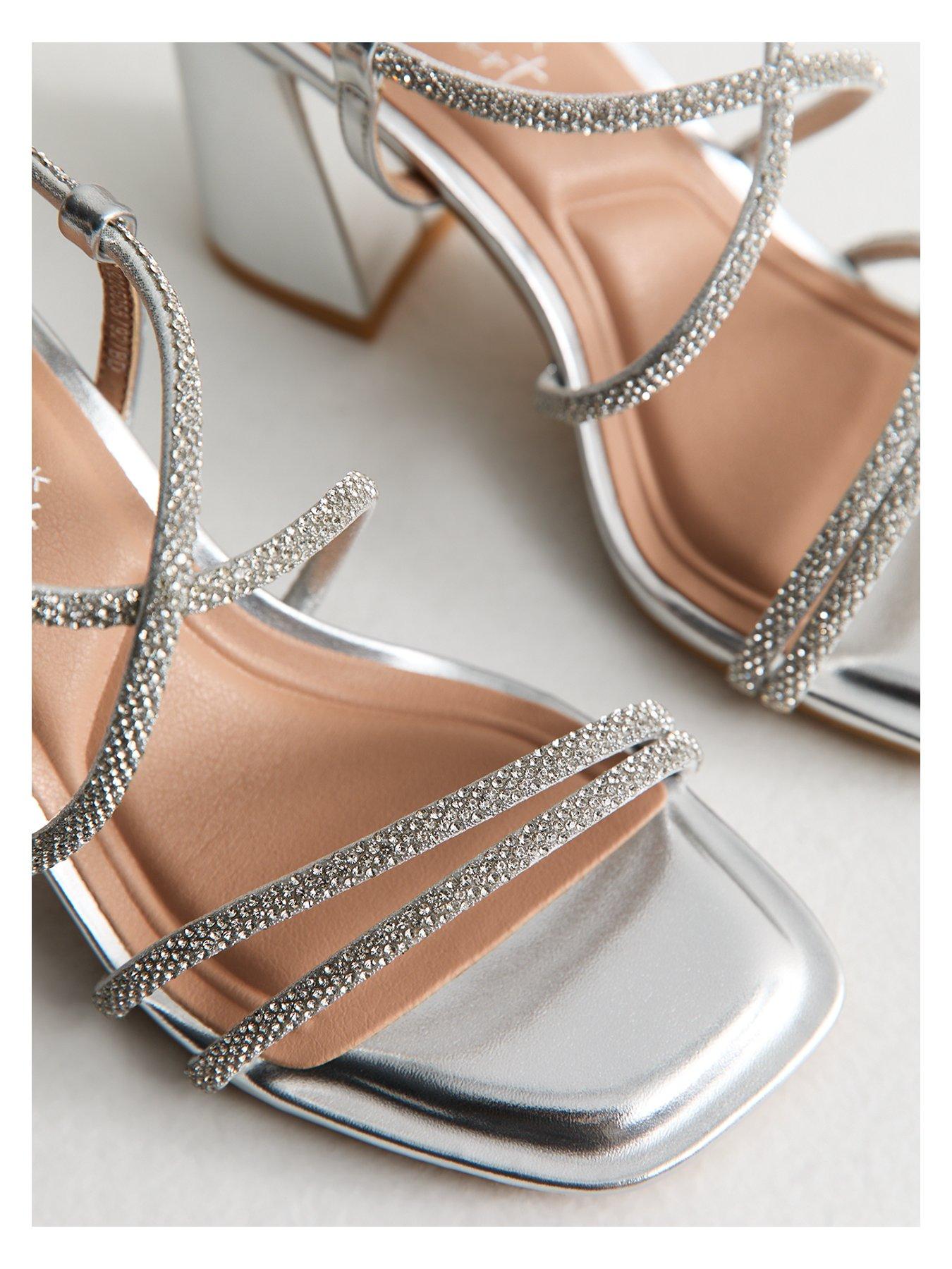 Image 4 of 6 of New Look Wide Fit Silver Diamante Embellished Block Heel Sandals