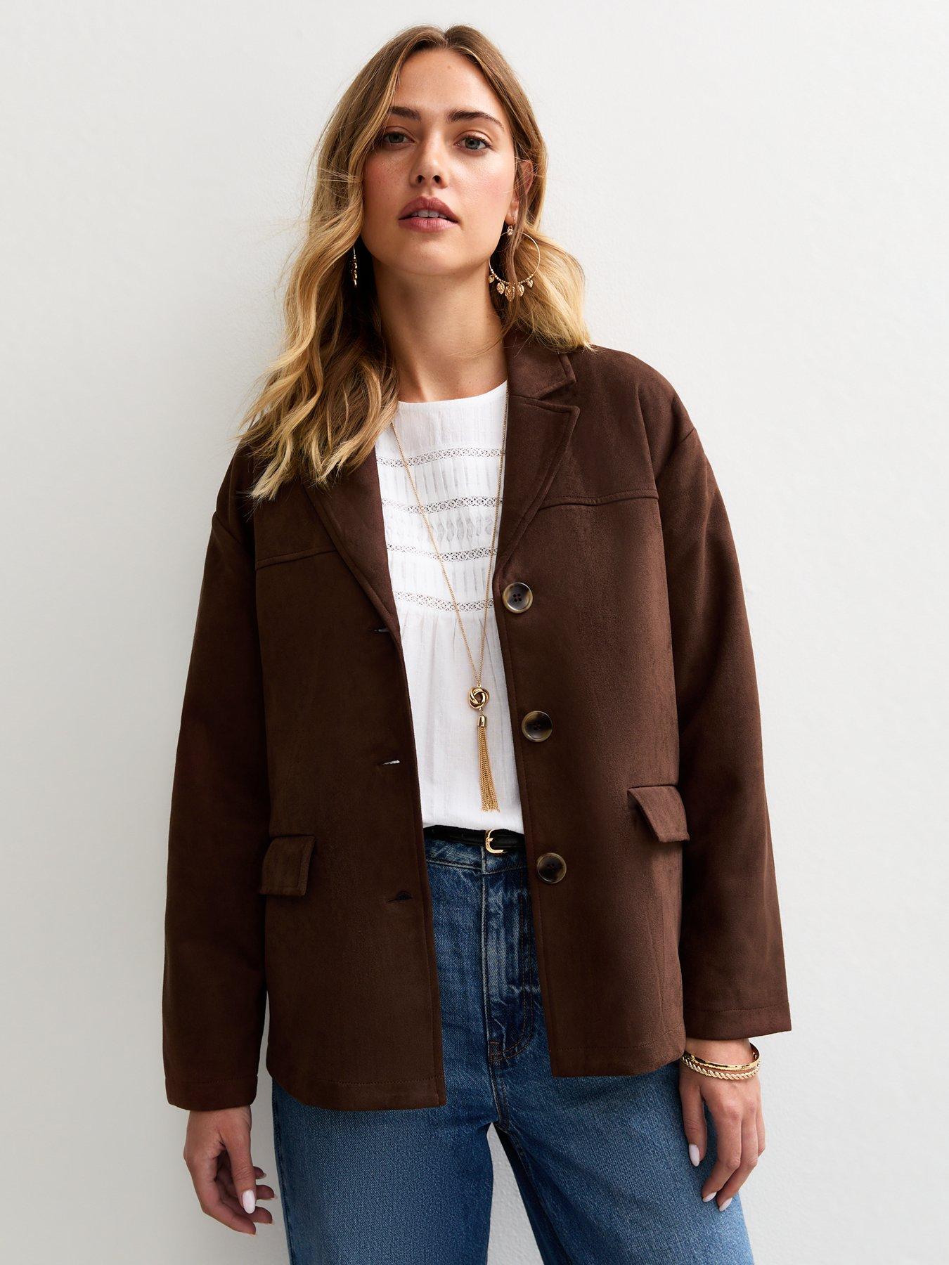 undefined Faux Suede Button Up Jacket - Brown