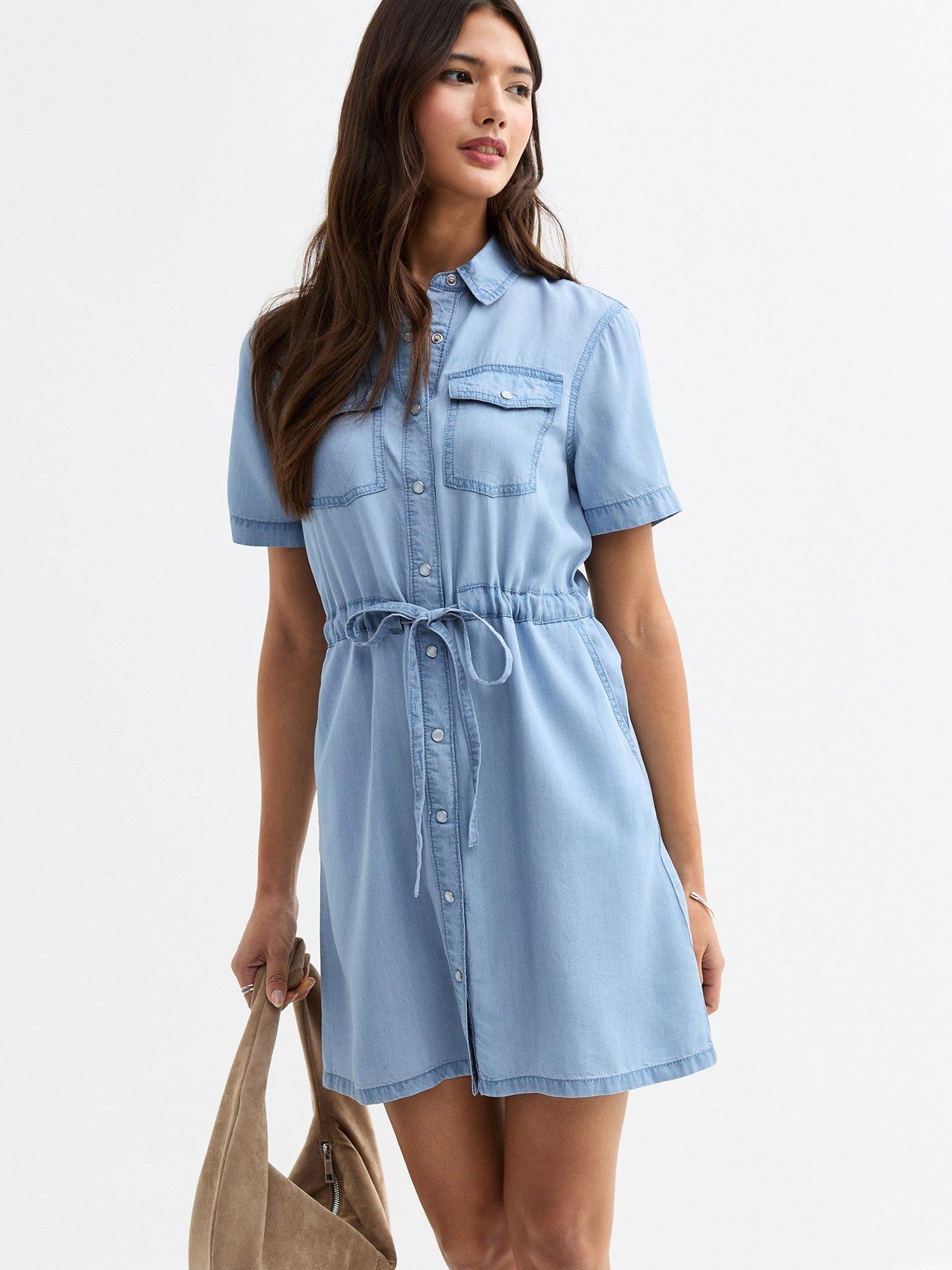 undefined Light Blue Chambray Denim-look Mini Shirt Dress