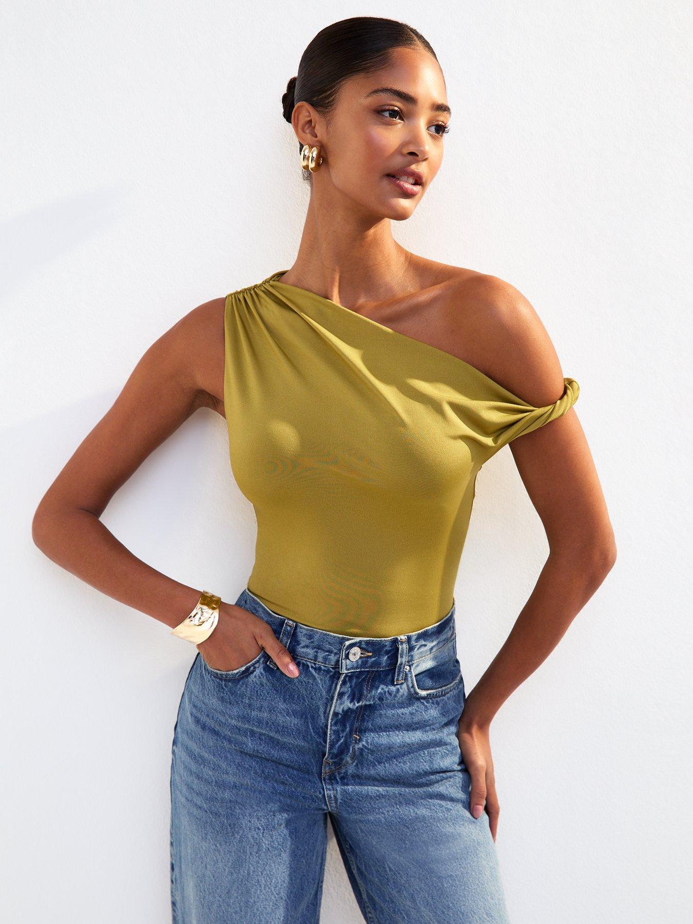 undefined Olive Green Twist Fallen Shoulder Bodysuit