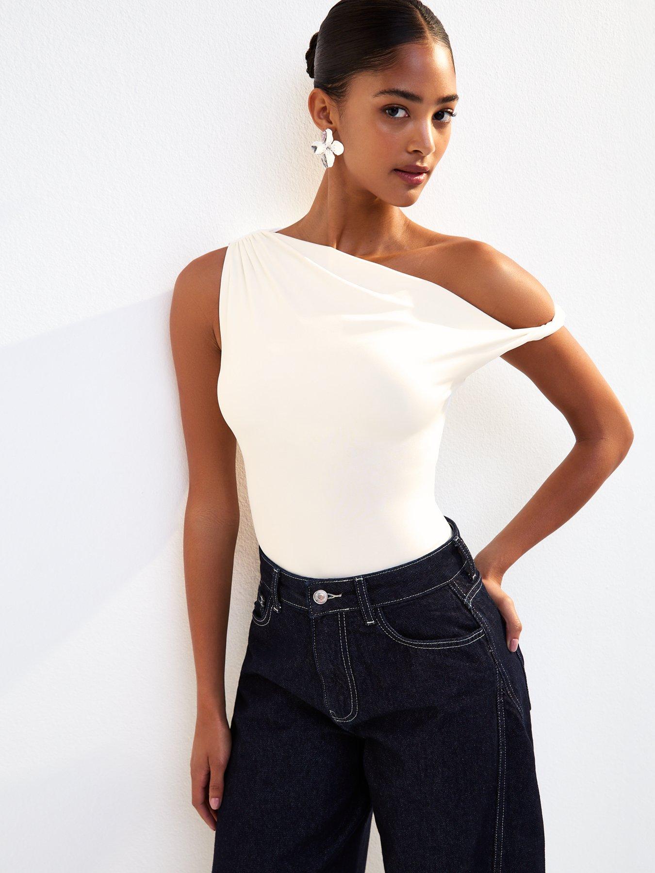 undefined Off White Twist Fallen Shoulder Bodysuit