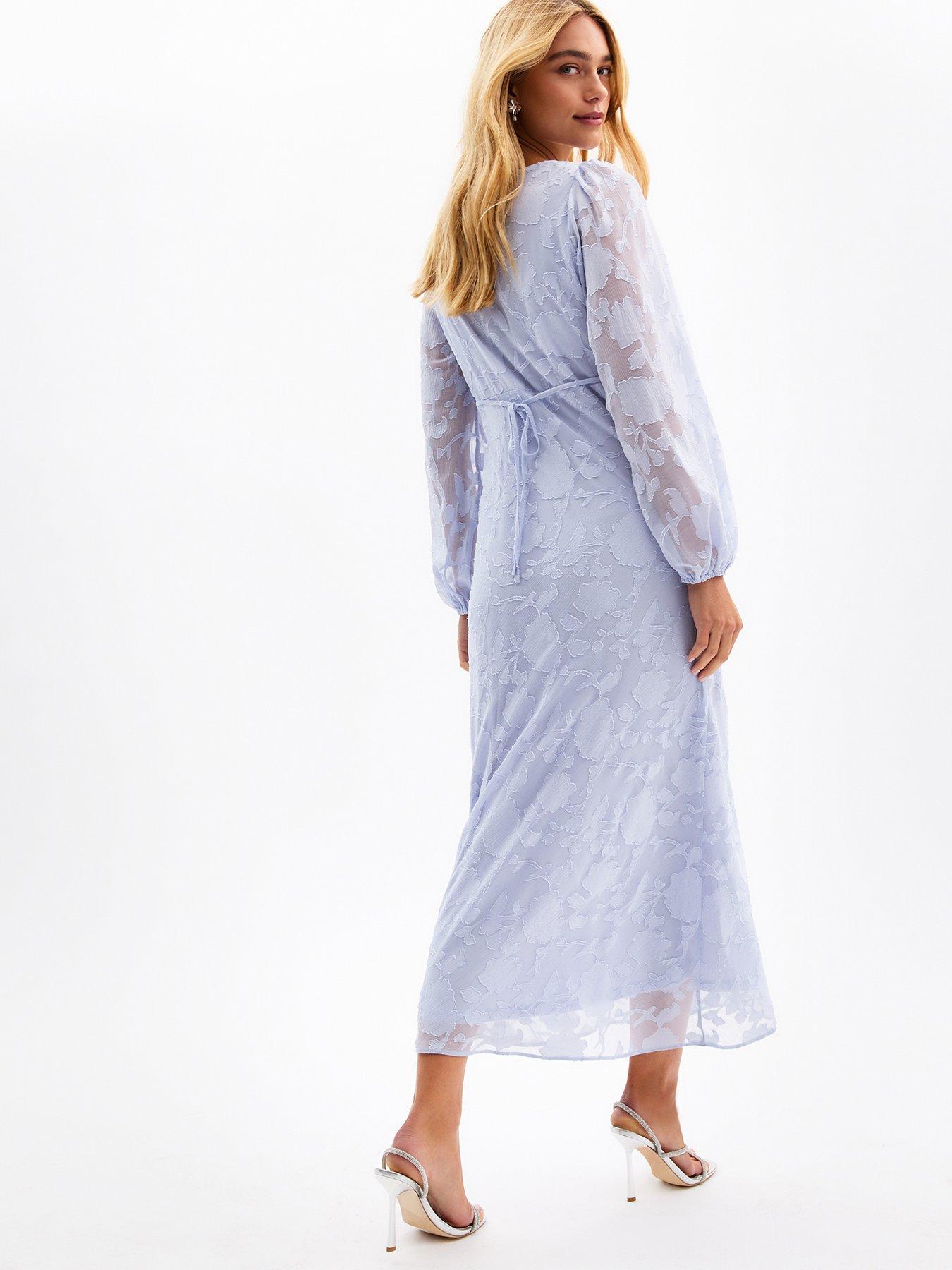 New Look Light Blue V-neck Floral Devoré Long Sleeve Midi Dress | Very