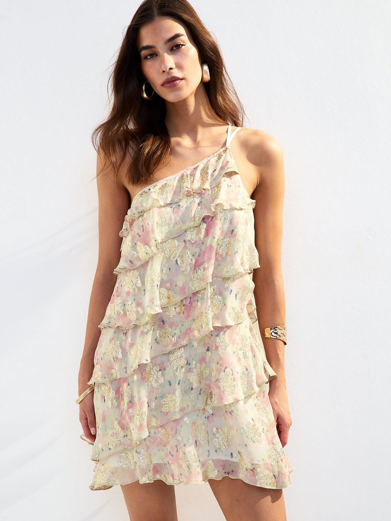 New Look Gold Jaquard One Shoulder Mini Dress Pink Very