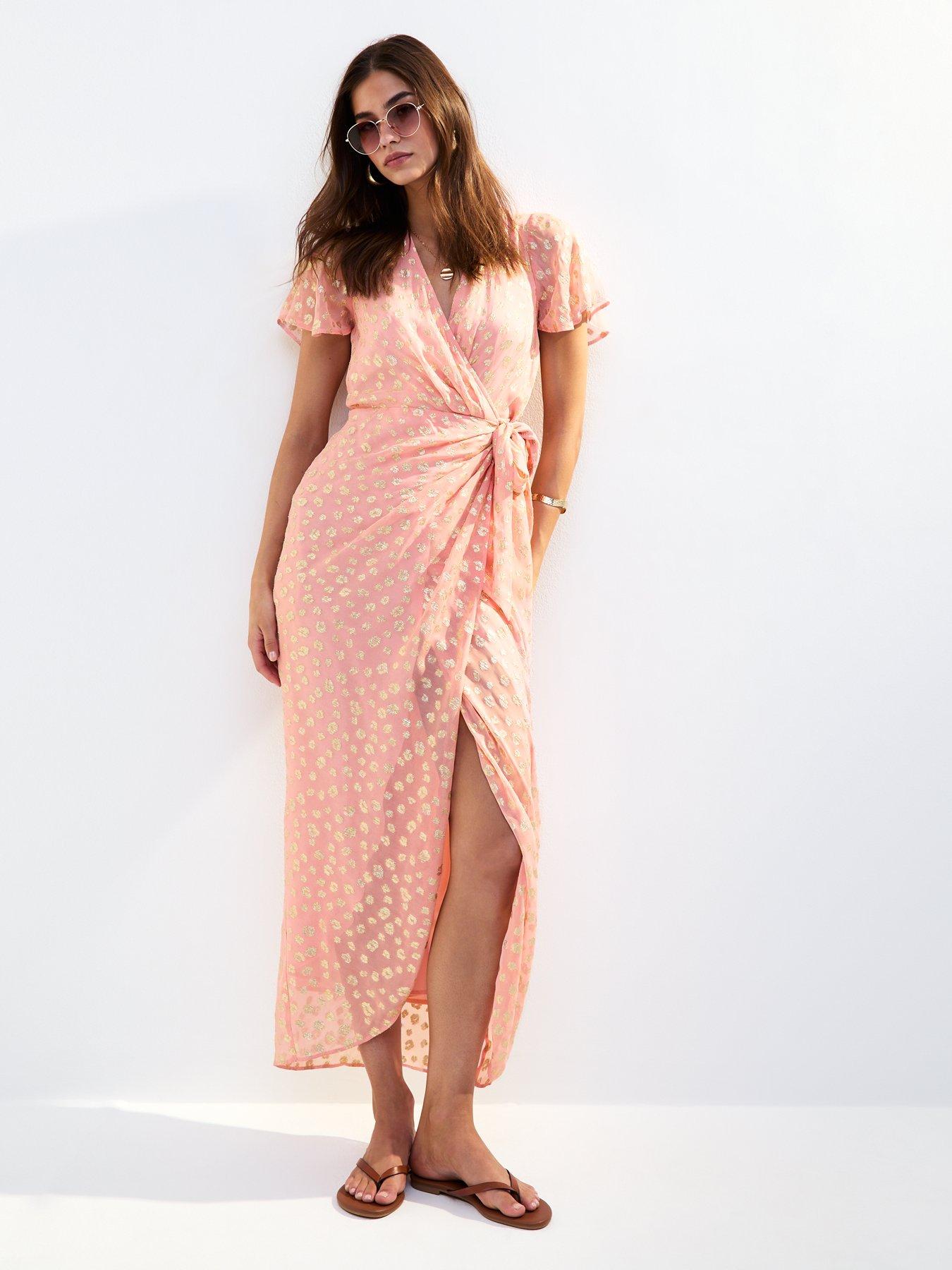 New Look: Jacquard Wrap Midi Dress - Pink