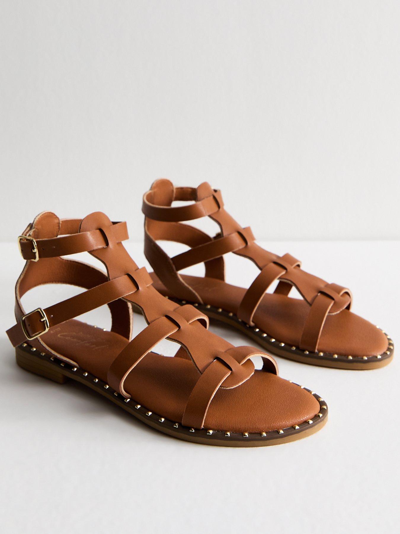 undefined Tan Faux Leather Studded Trim Gladiator Strap Sandals
