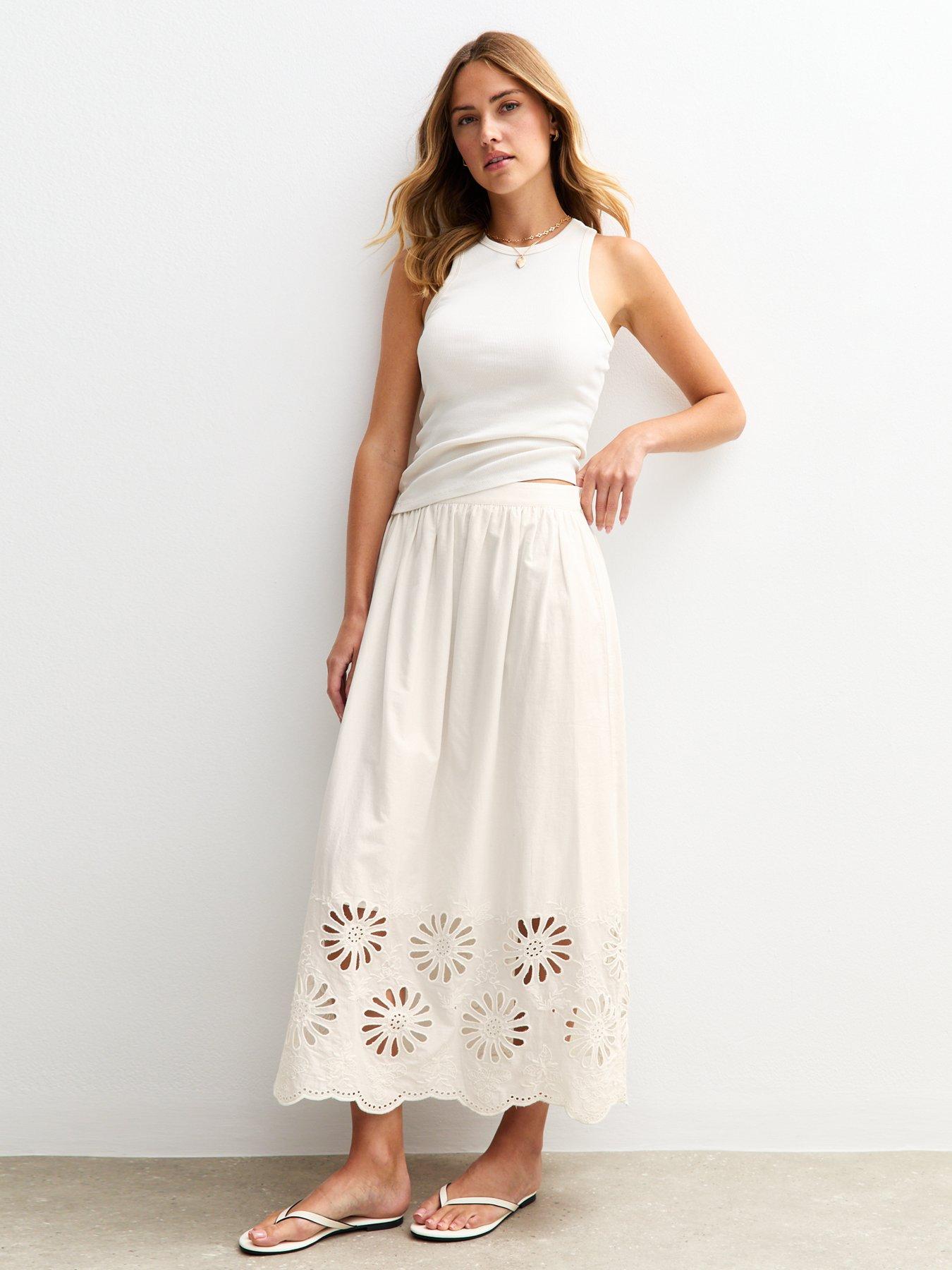 undefined Embroidered Cutout Hem Midi Skirt - White