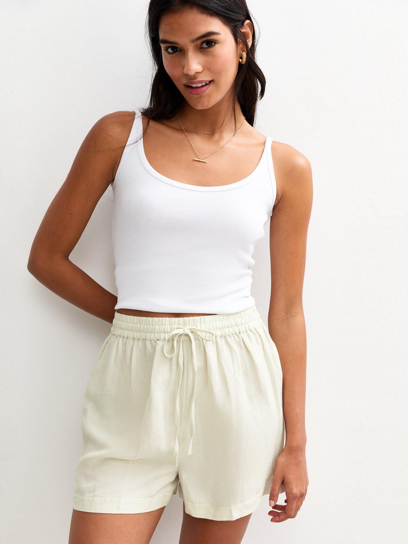 New Look: Tie Waist Linen Blend Shorts - Light Green