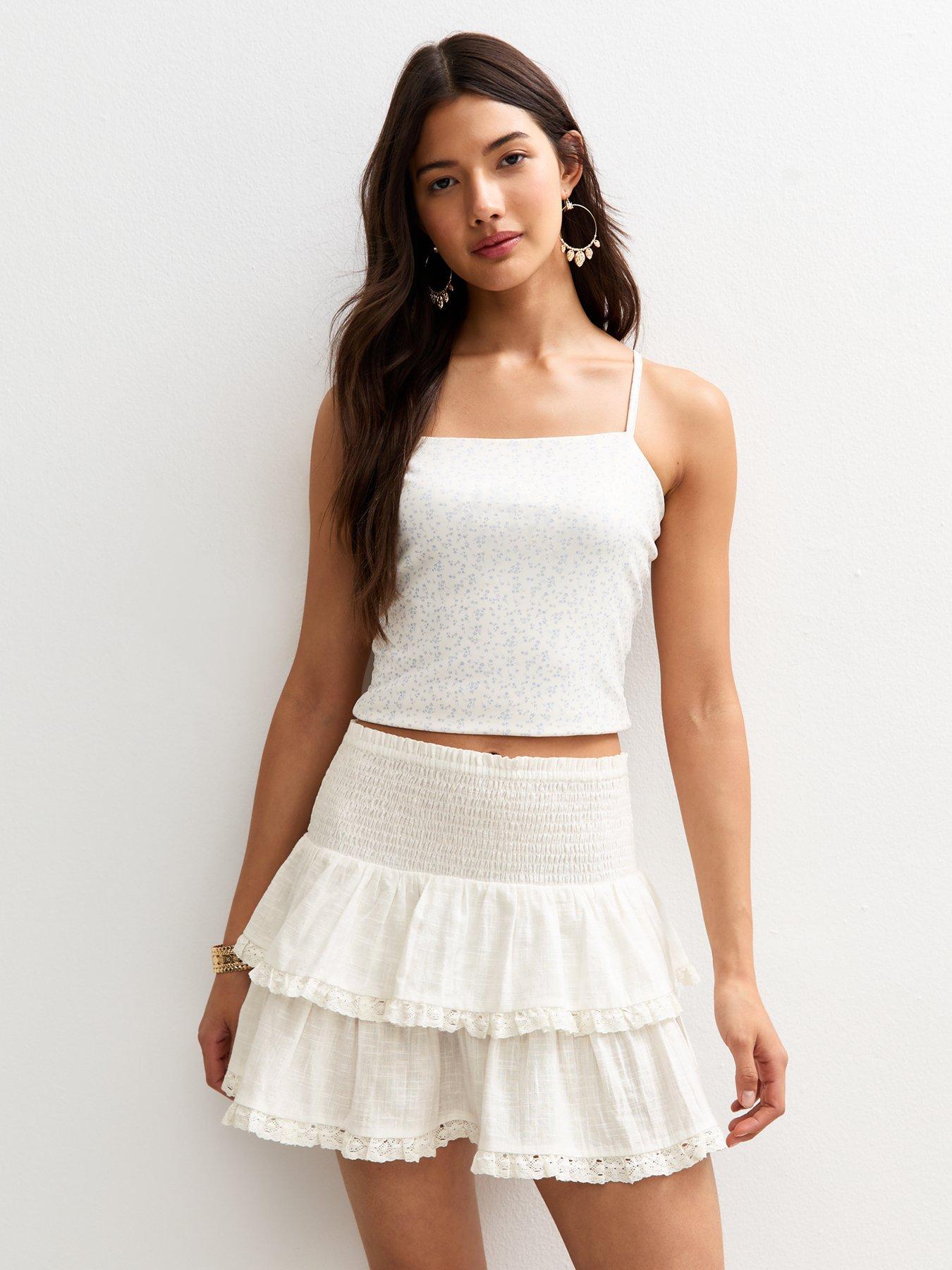 undefined Off White Shirred Rara Mini Skirt - Cream